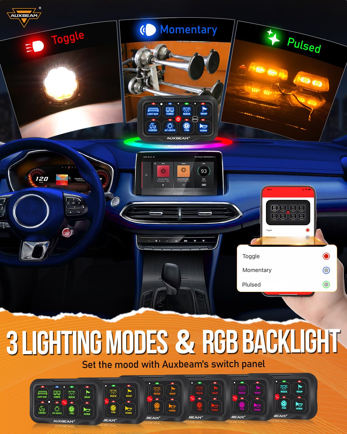 Auxbeam 8 Gang Switch Panel AR-820 Bluetooth RGB Switch Pod Automatic Dimmable Multifunction Switch w/Toggle Momentary Pulsed Control Panel for UTV ATV Truck Car RV Boat Waterproof 2 Years Warranty