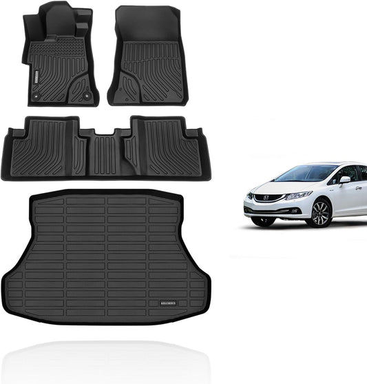 KELCSEECS All Weather Floor Mats & Cargo Liner Set for 2015 2014 2013 2012 Civic & Civic Si Only Sedan (Not Coupe) Car Mats Cargo Mat Floor Liners Trunk Mat Civic Trunk Liner
