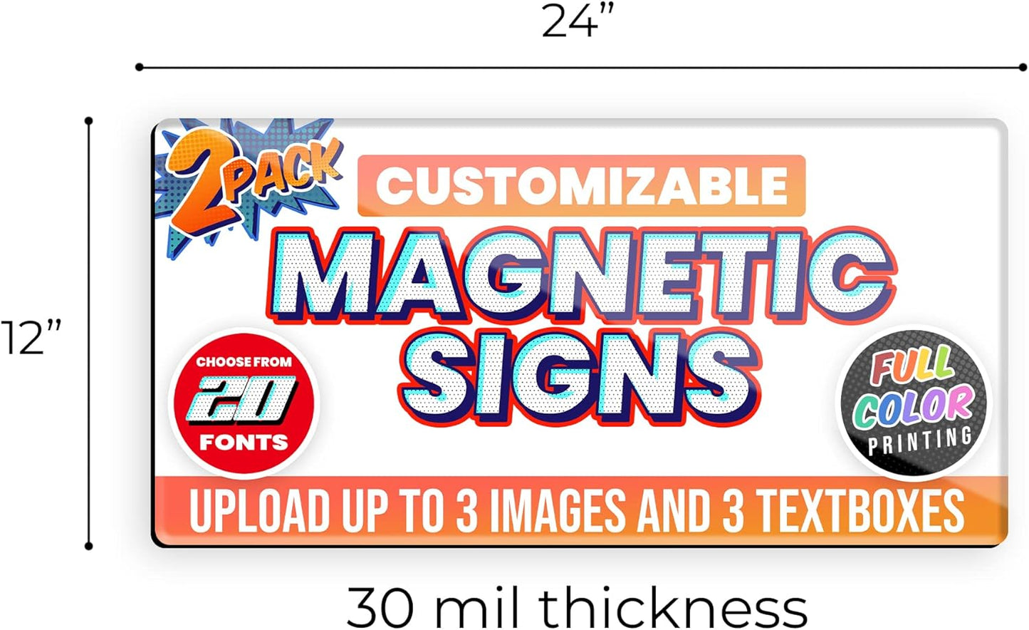2-Pack,12"x24" Custom Magnet Signs in Full Color for Business and Advertising, 30 mil Customized Vinyl Car Magnets, Personalized Magnetic Sheets for Company Storefront & Vehicles (Rounded Corners)