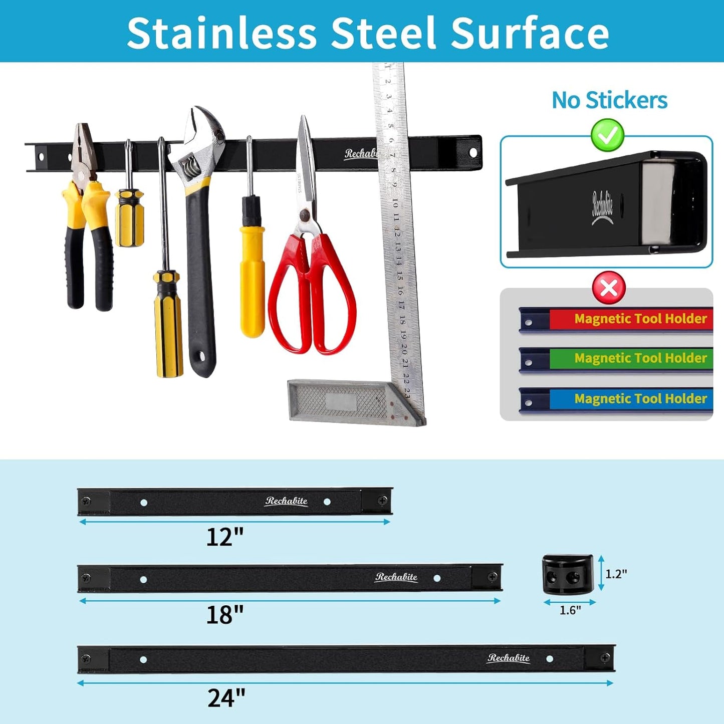 6 Pieces 18" Magnetic Tool Holder Strip, Black Magnet Bar, Metal Tool Organizer Rack for Garage Organization, Easy To Install in Workshop, Mounting Screws Included