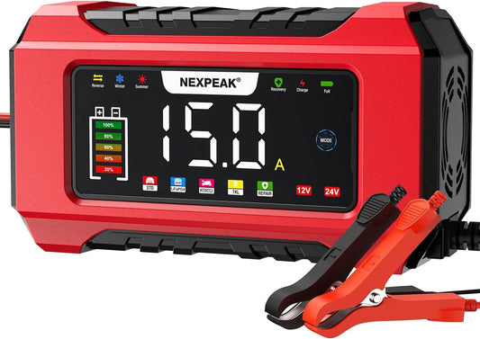 NEXPEAK NC215 15-Amp Battery Charger, 12V 24V LiFePO4 Lead Acid Portable Car Battery Charger 9-Stage Trickle Charger Smart Battery Maintainer w/Temp Compensation for Car Truck Lawn Mower Boat Marine