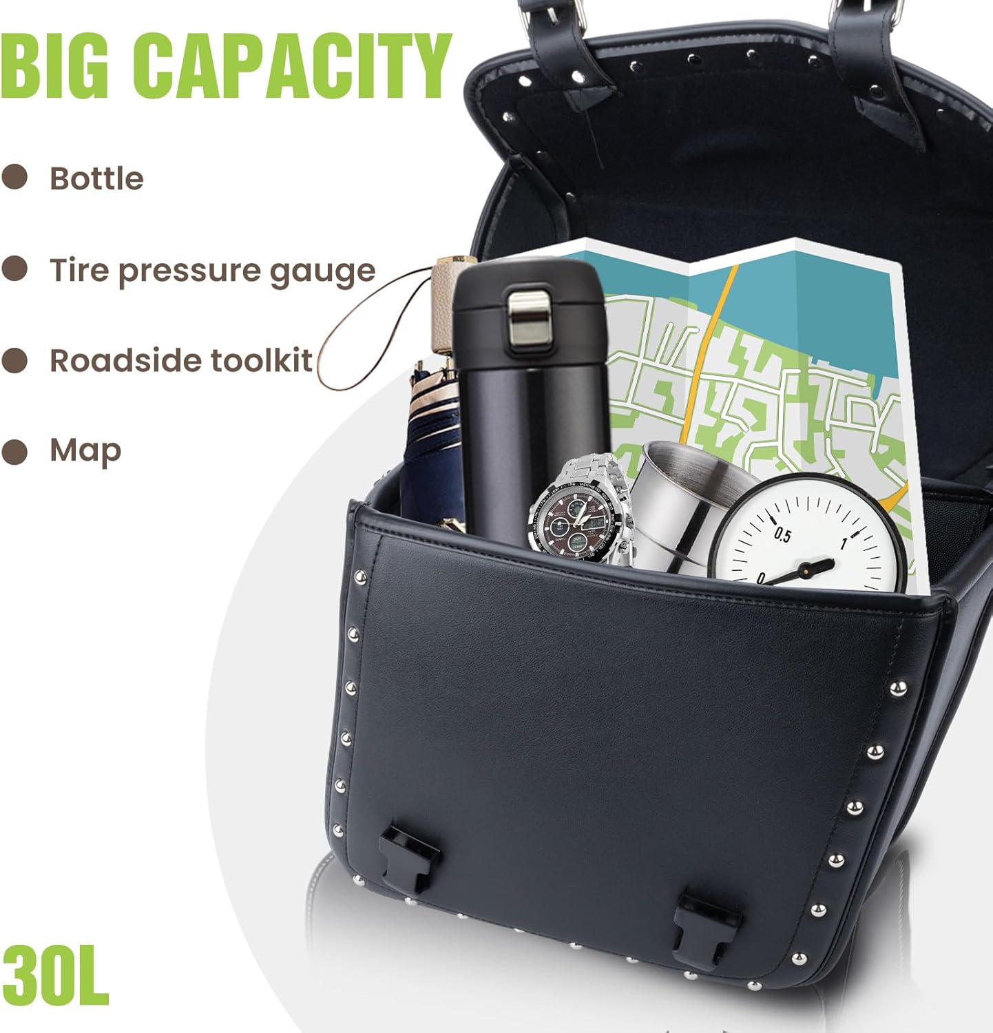 30L Motorcycle Saddlebags Water-Resistant PU Leather Storage for Harley Sportster Softail Dyna Honda Shadow, Quick-Install Design with Reinforced Straps, Universal Fit Large Capacity Luggage Bags