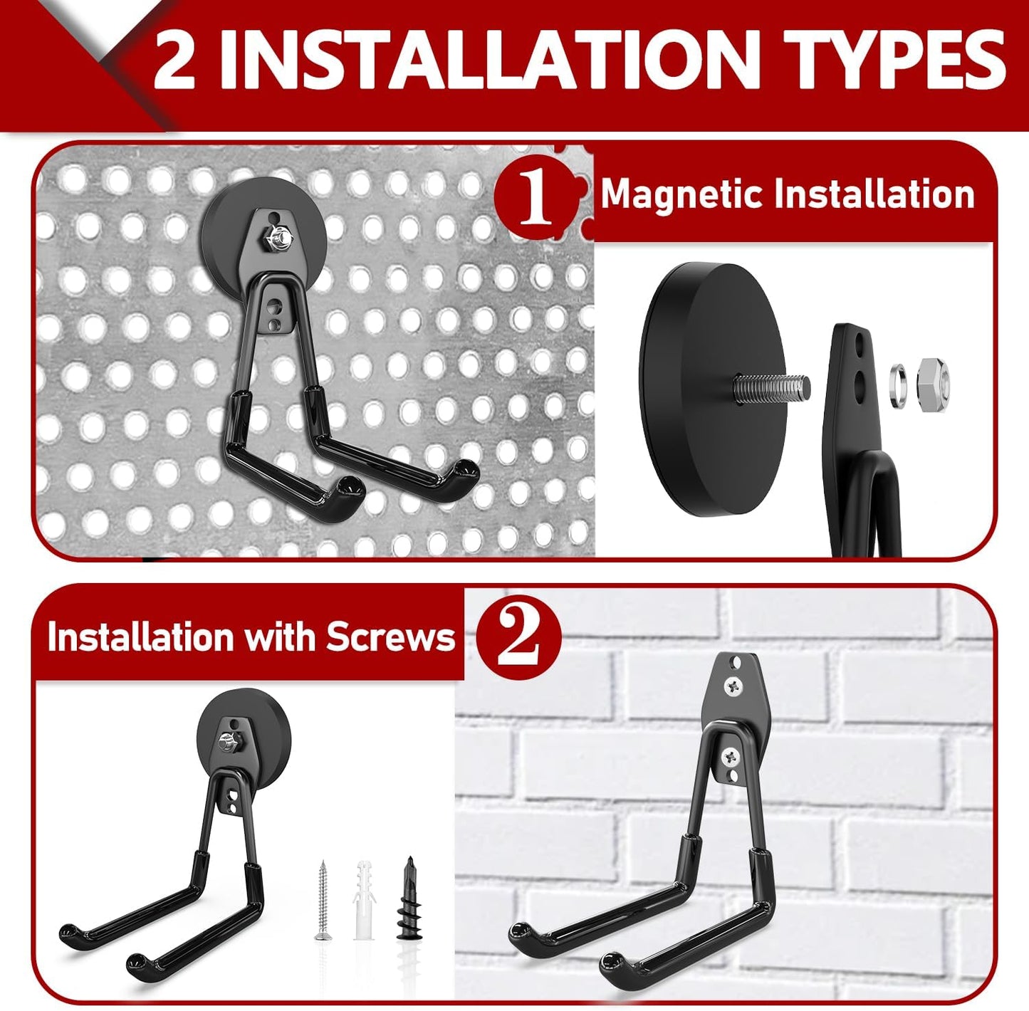 3-H Heavy Duty Magnet Garage Hooks 2 Pack, Extra Large Strong Magnetic Hooks for Hanging Cordless Power Drill, Utility Magnetic Tool Holder for Metal Cabinet, Steel Pegboard, Toolbox, Garage(Black)