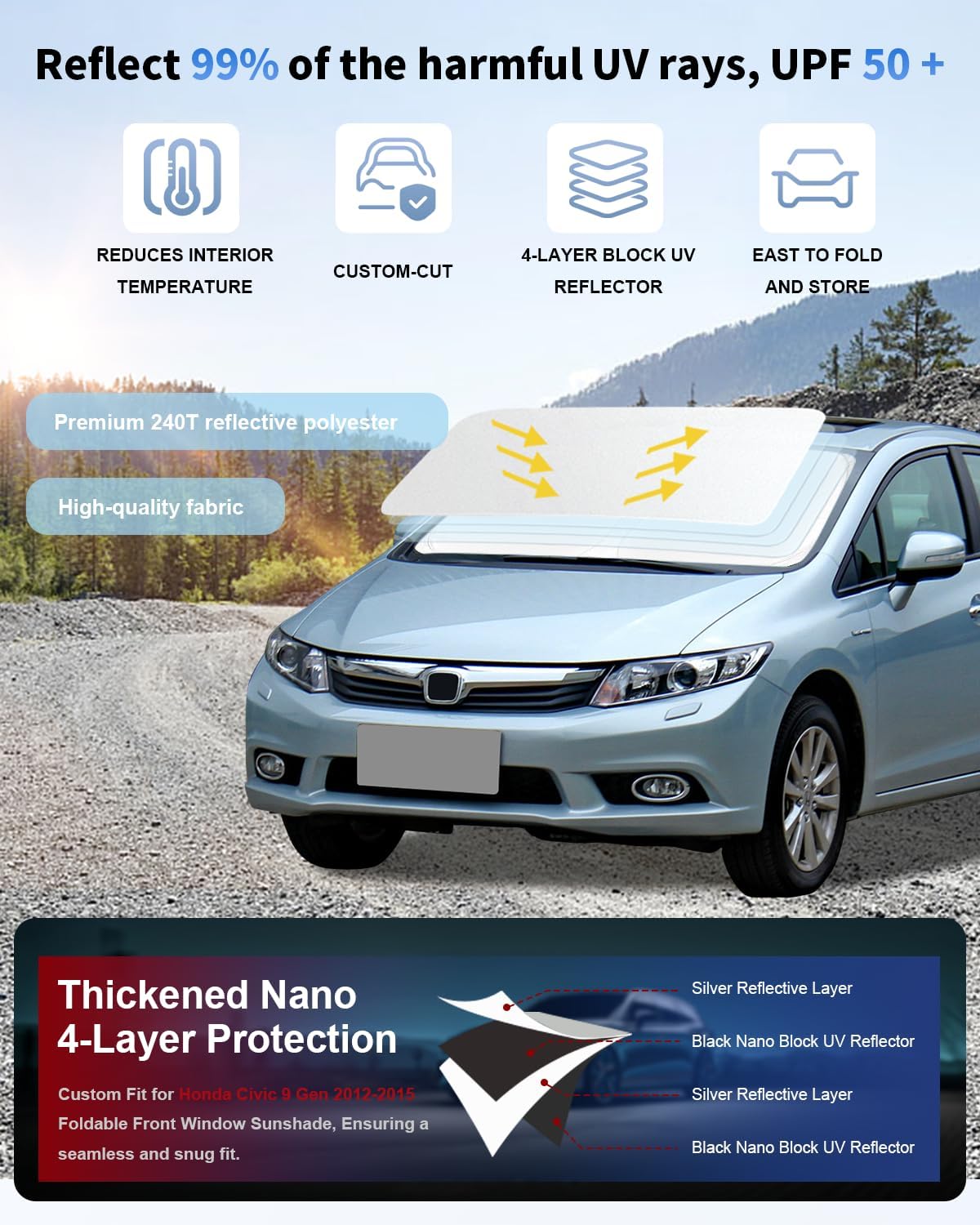 Custom Fit for Civic Car Windshield Sunshade for Honda Civic 9 Generation 2012-2015 Foldable Front Window Sun Shades Shield Cover Sun Visor Protector 240T Reflective Fabric Car Accessories