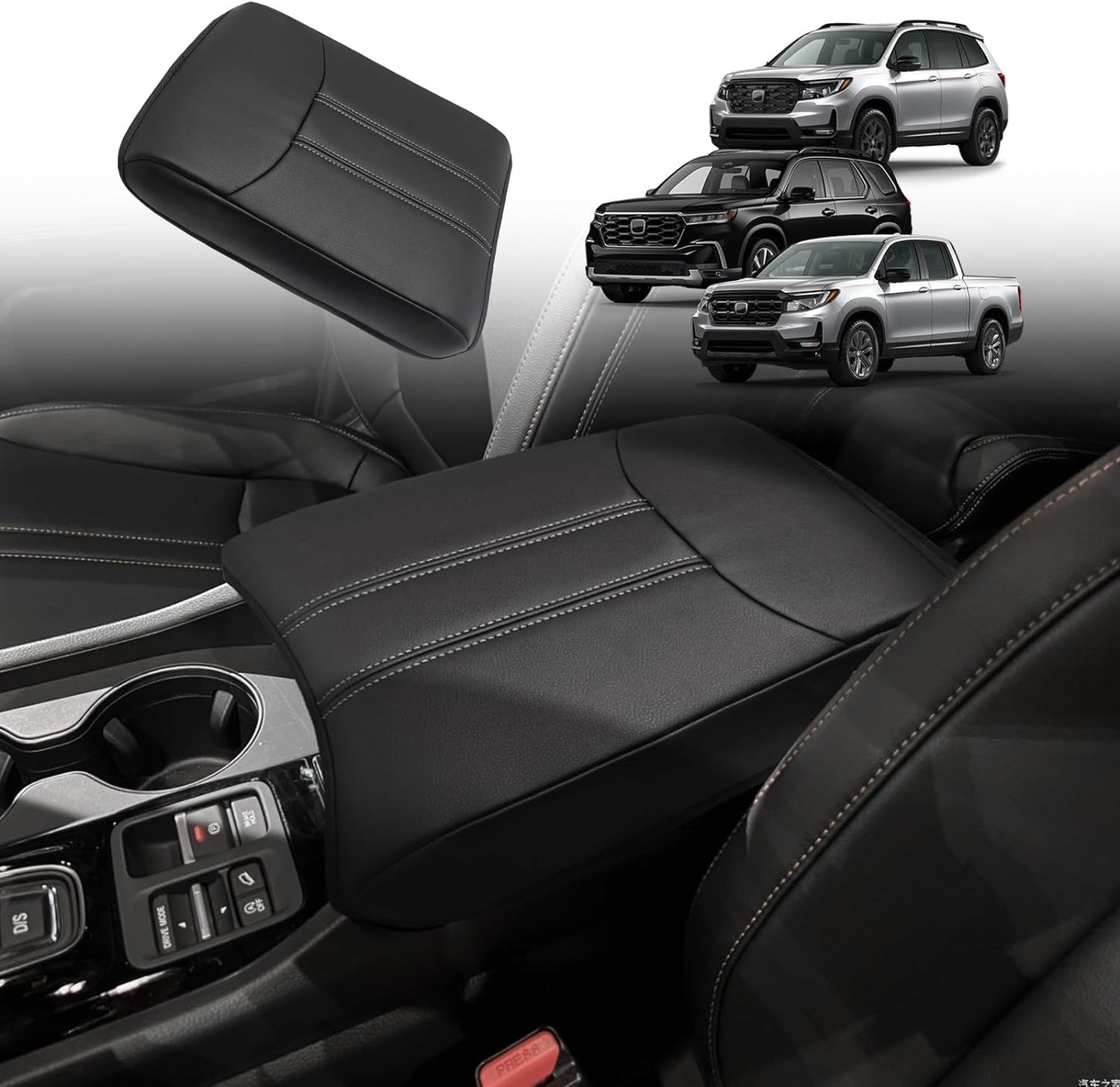 Muslogy Center Console Cover Compatible with Honda Pilot 2023 2024 2025, 2024-2026 Ridgeline/Passport Accessories Armrest Pad Lid Cushion Console Protector Vegan Leather Extra Soft(Black/White Trim)