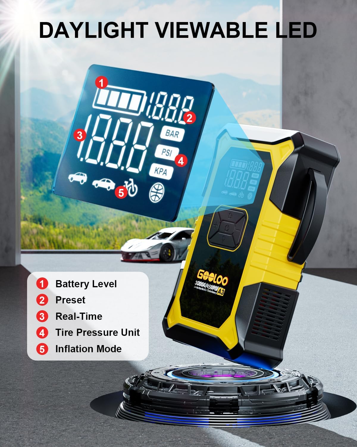GOOLOO A3 Jump Starter with Air Compressor, 3000A Portable Car Battery Jumper Starter (9.0 Gas/6.5L Diesel) with 150PSI Auto-Shutoff Tire Inflator, 12V Supersafe Lithium Jump Box Car Booster, Yellow