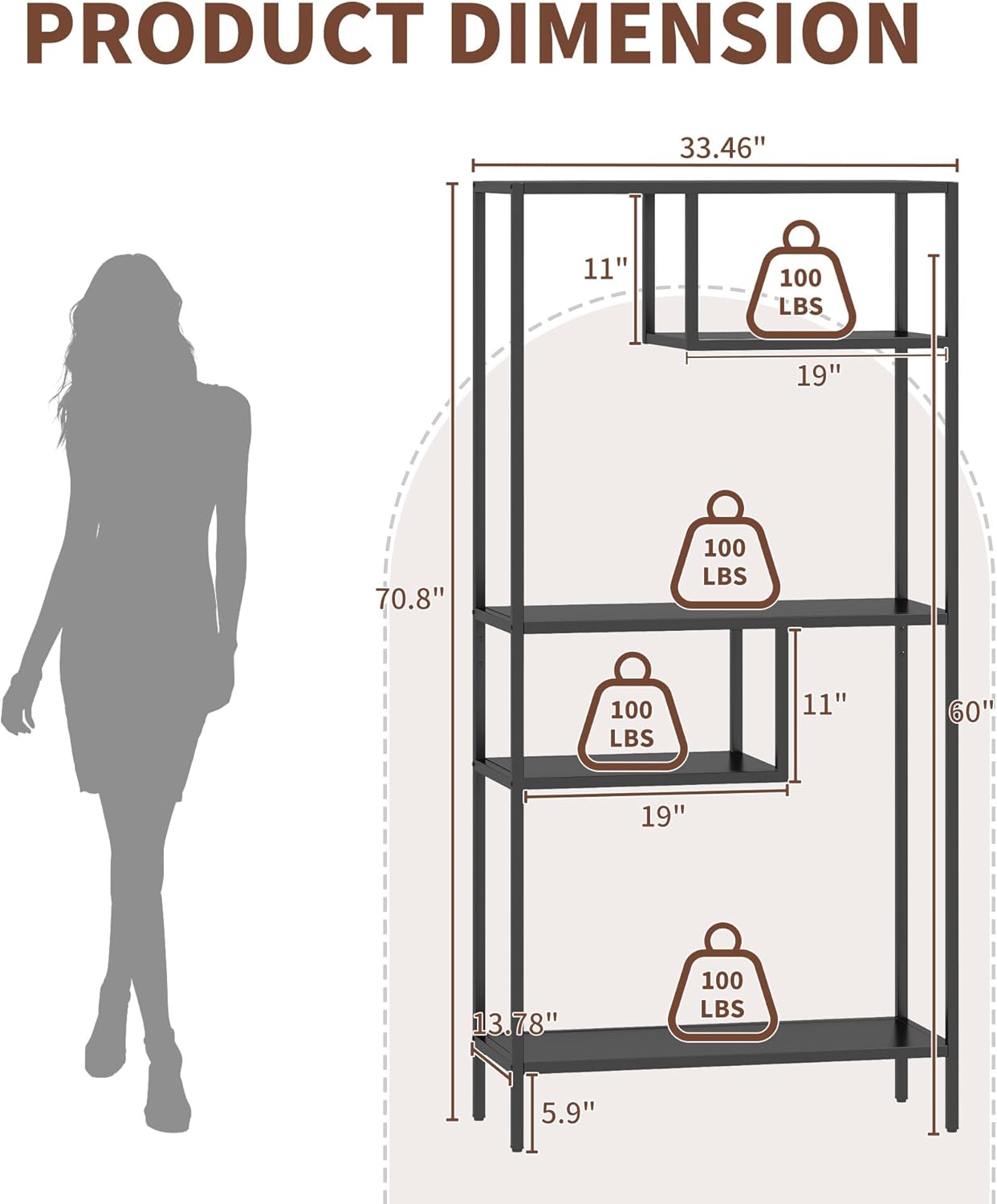 Metal Storage Shelving Unit, Decorative Geometric Bookcase, Modern Freestanding Display Shelves, Tall Book Shelf Unit for Living Room Bedroom Office, Easy Assembly