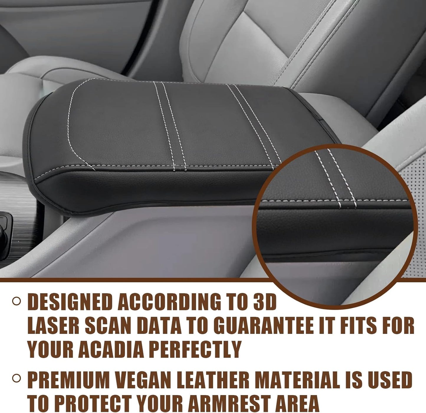 Muslogy for Acadia 2017-2023 Center Console Pad Armrest Cover Vegan Leather Cushion Pad Accessories Armrest Lid Protector Extra Soft Compatible with GMC Acadia 2023 2022-2017 (Black/White Trim)