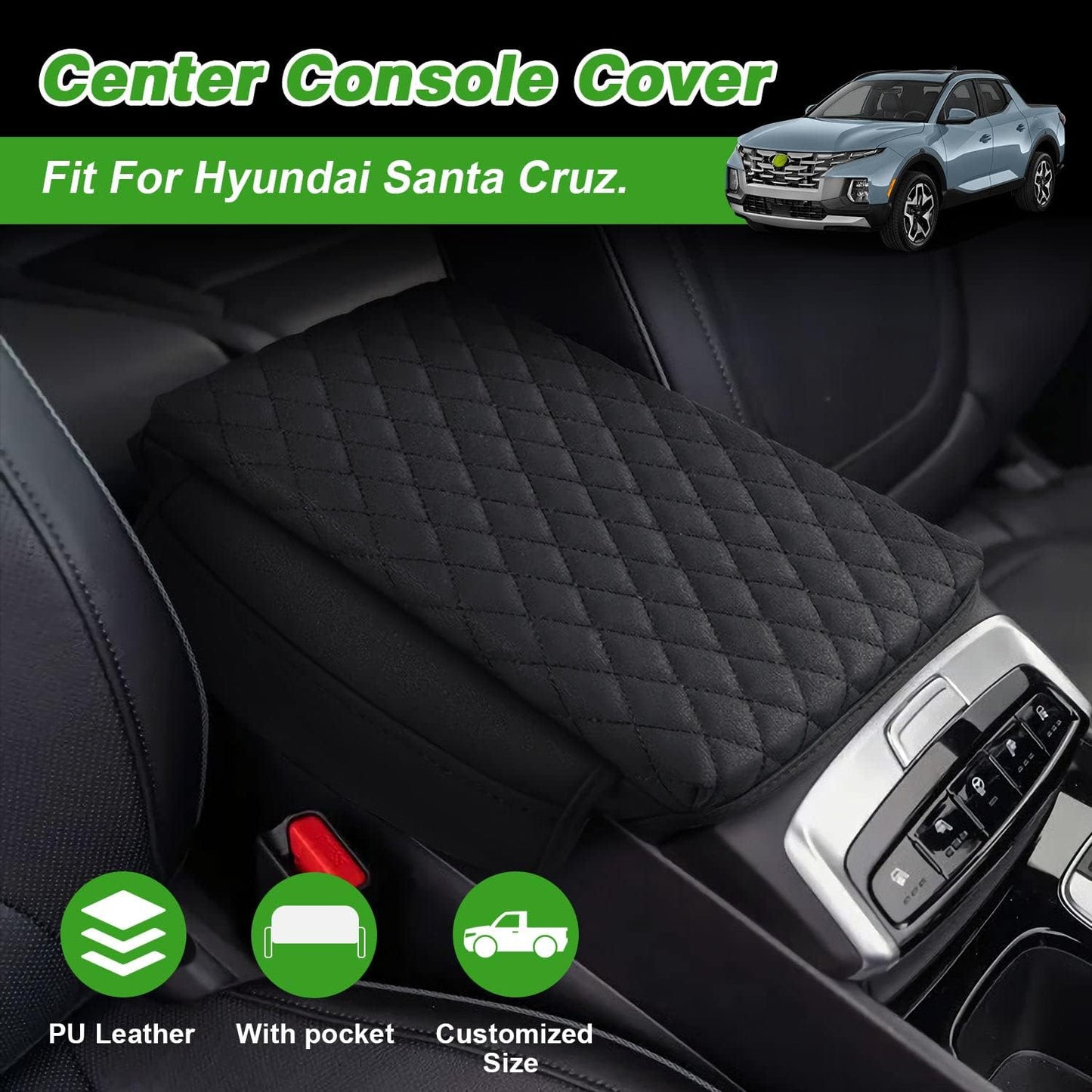 Shademax Center Console Cover Custom Fit for Hyundai Santa Cruz 2022 2023 2024 2025 2026 Armrest Cover Cushion Pad Santa Cruz Accessories PU Leather Armrest Seat Box Protector with Pockets Storage Bag