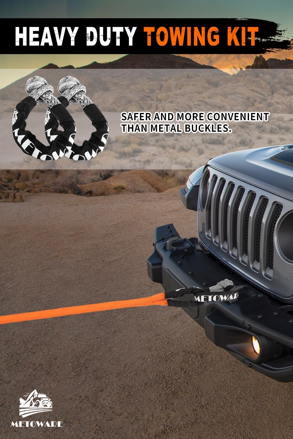 METOWARE Kinetic Recovery Rope (1’’ x 10ft) Offroad Tow Kit with 1/2inch x 22 Inch Soft Shackles，Heavy Duty Offroad Recovery Kit for UTV, ATV, Truck, Car