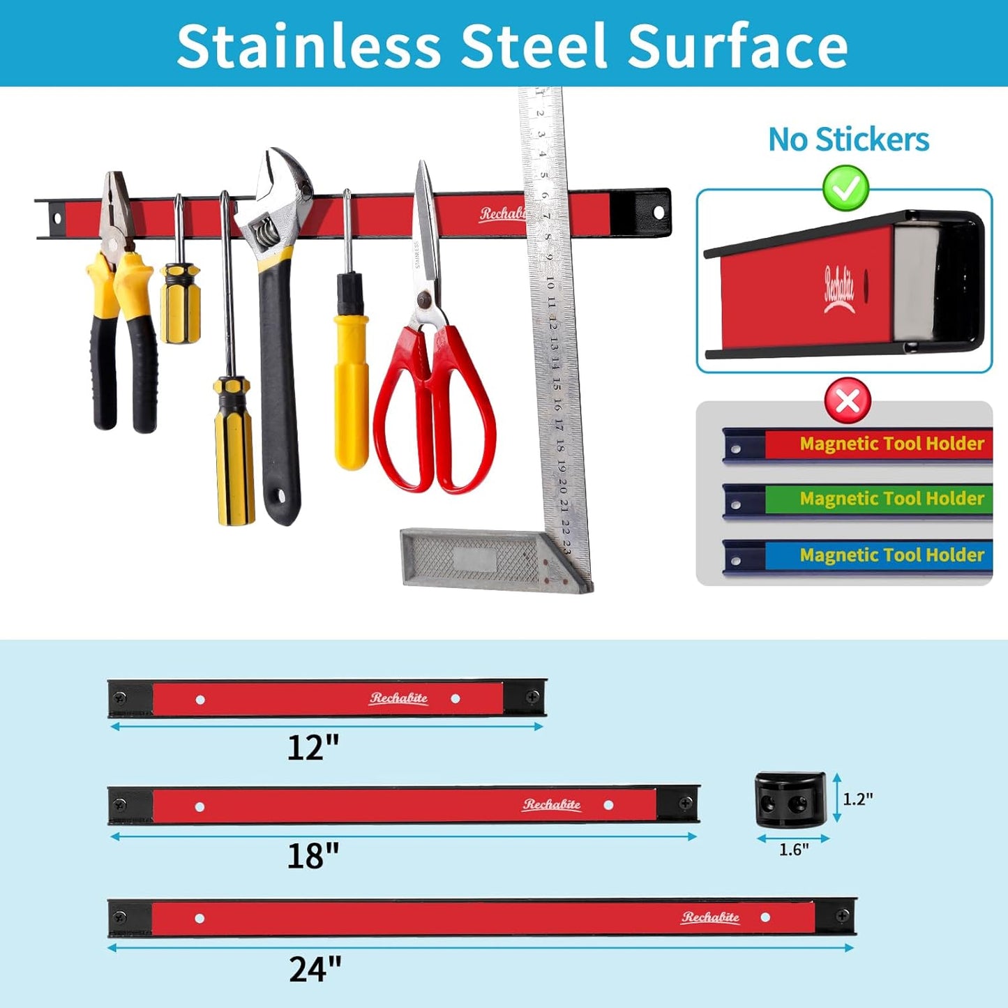 6 Pieces 24" Magnetic Tool Holder Strip, Red Magnet Bar, Metal Tool Organizer Rack for Garage Organization, Easy To Install in Workshop, Mounting Screws Included