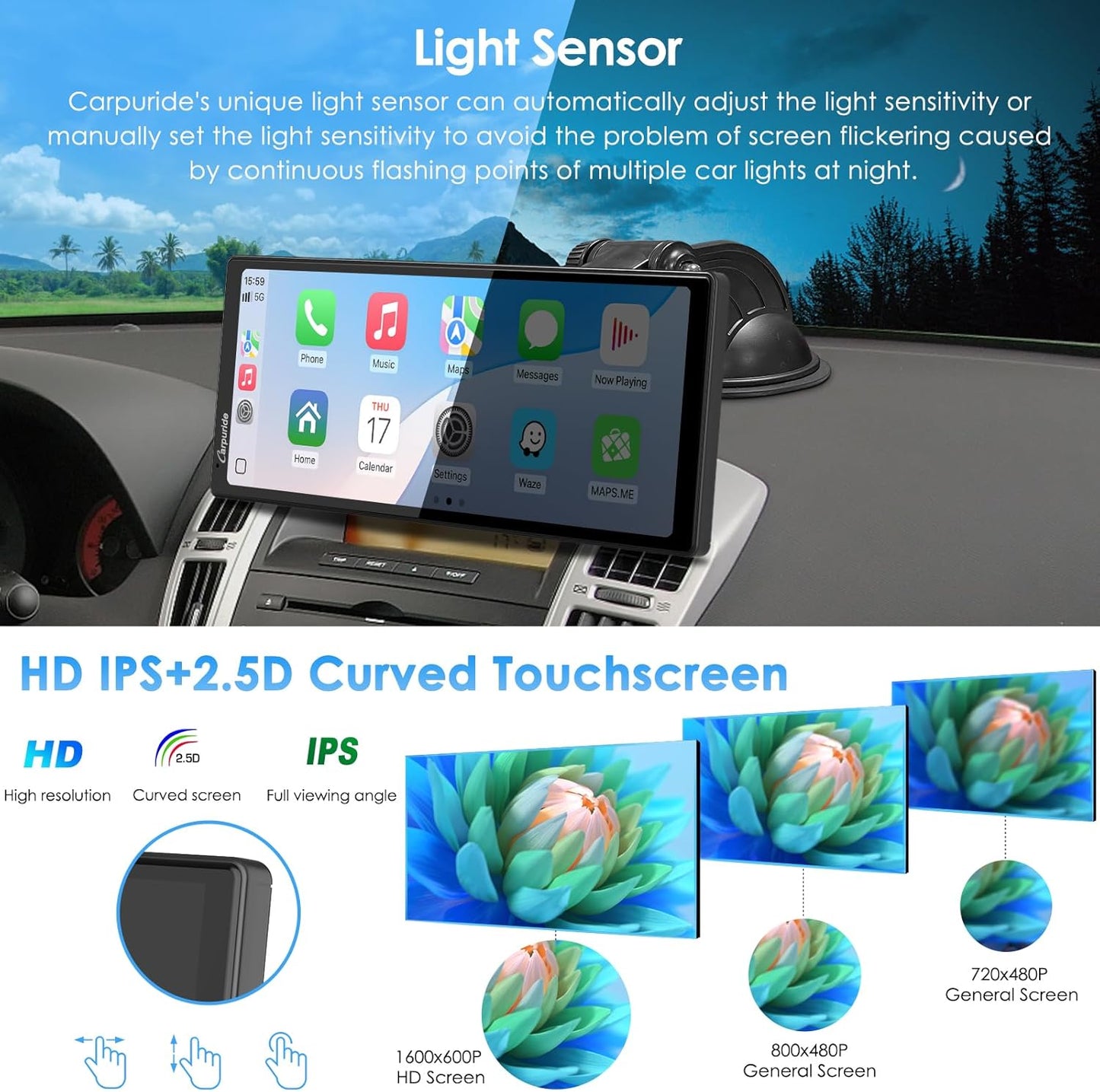 CARPURIDE 10.26 Inch Wireless/Wired Apple CarPlay, Android Auto and Mirror Link - 1600 * 600 IPS Touch Screen Portable Car Stereo, Bluetooth Audio, Siri, Navigation Car Screen for All Vehicles
