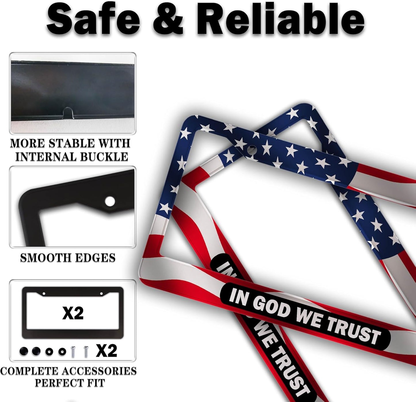 License Plate Frames Multicolor License Plate Holder American Flag in God We Trust Universal Aluminum Car Accessory 2 Pack with Screw Covers Set