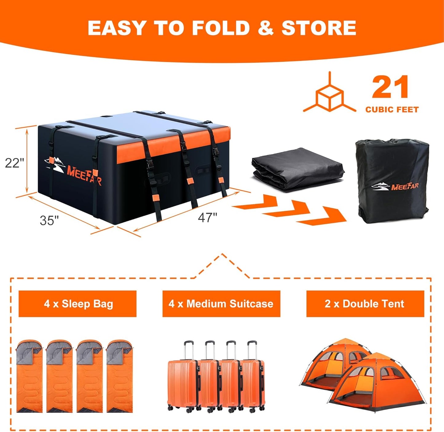 MeeFar Rooftop Cargo Carrier Car Roof Bag 21 Cubic Feet 100% Waterproof Car Top Carrier, Fits All Vehicle with/Without Rack,Include Anti-Slip Mat,10 Reinforced Straps,6 Door Hooks,Luggage Lock