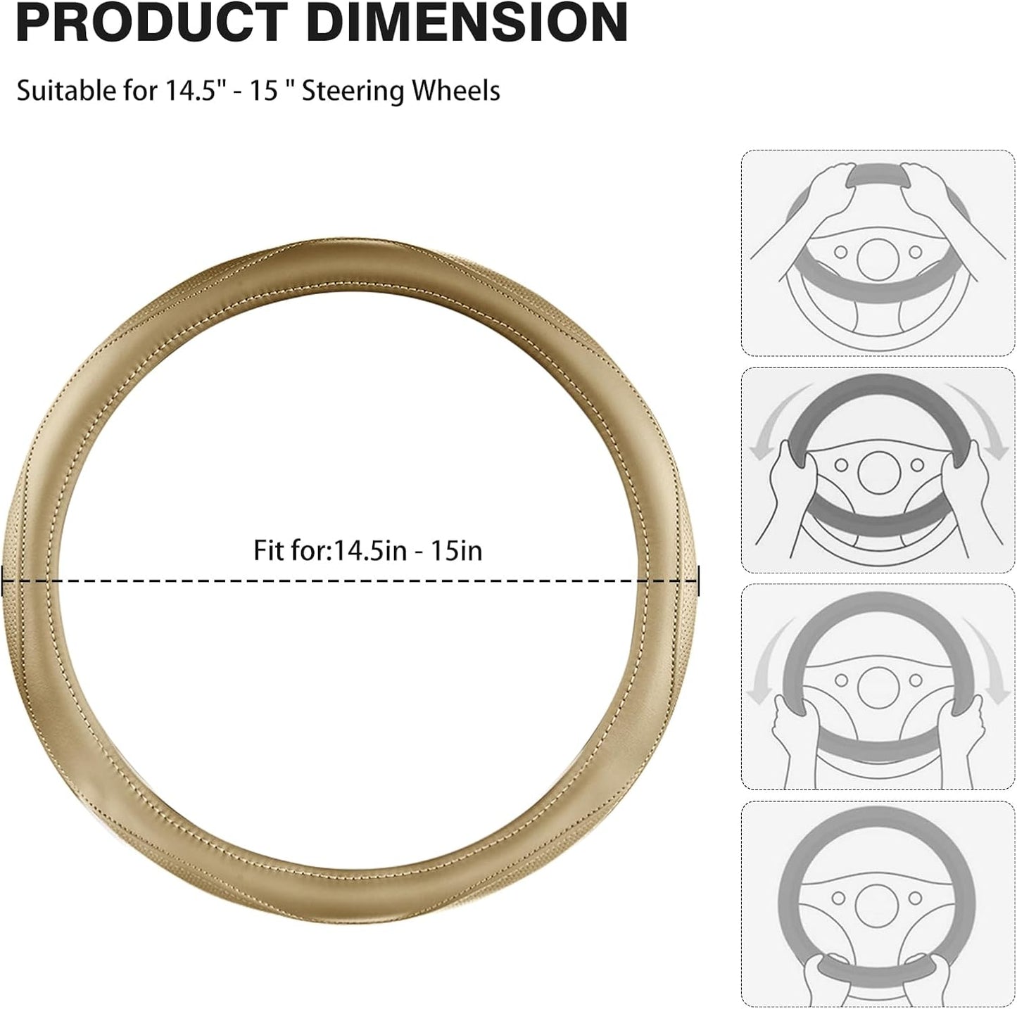 High-Grade Beige Genuine Leather Steering Wheel Cover for Men Women，Real Cowhide Leather Steering Wheel Cover for Cars,Universal 14.5-15 inch Steering Wheels