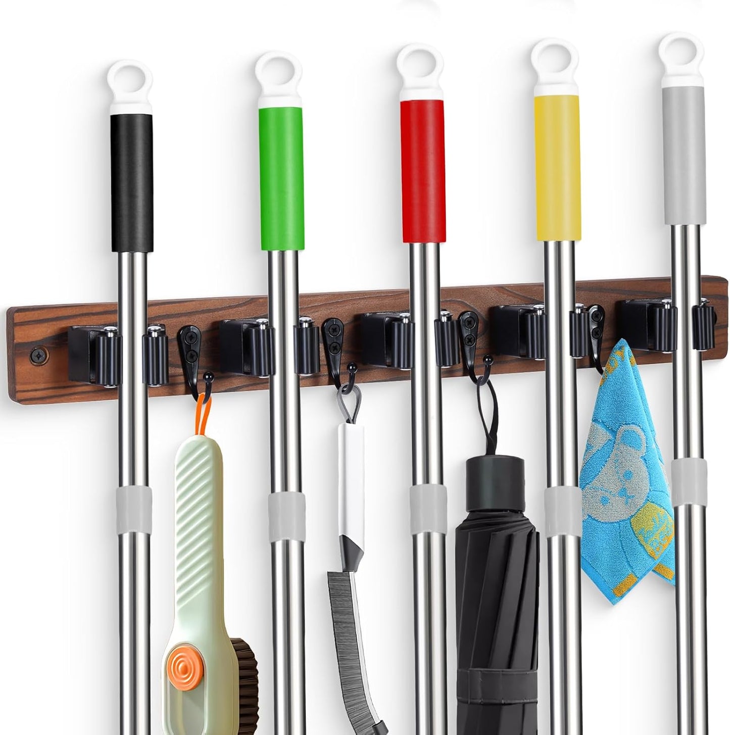 Broom Holder Wall Mount With 5 Slots & 4 Hooks，Rustic Wood Broom & Mop Hanger，Wall Mounted Garden & Garage Tool Storage Organizer Rack for Closet Laundry Room or Kitchen Wall Decor