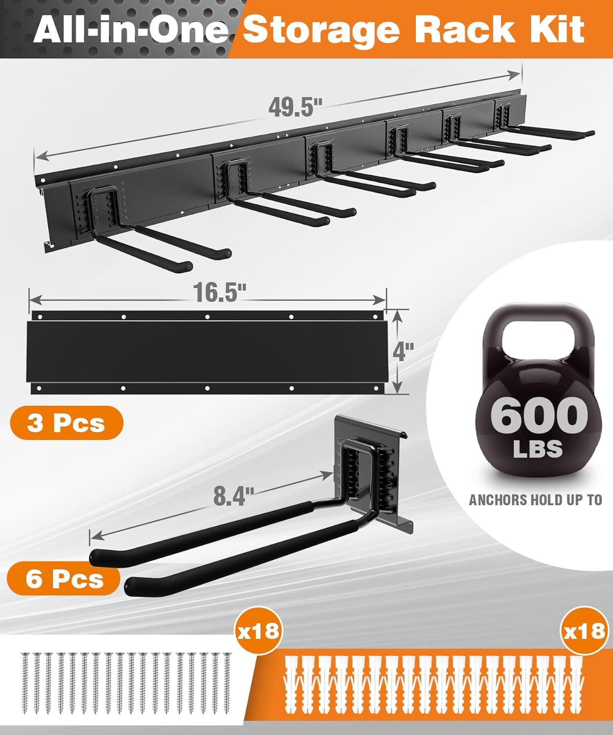 Garage Tool Organizer Wall Mount, 49.5 Inch Garage Organization and Storage Heavy Duty with 3 Packs Rails and 6 Adjustable Hooks, Garden Yard Tool Hanger Rack for Shovel, Max Load 600lbs
