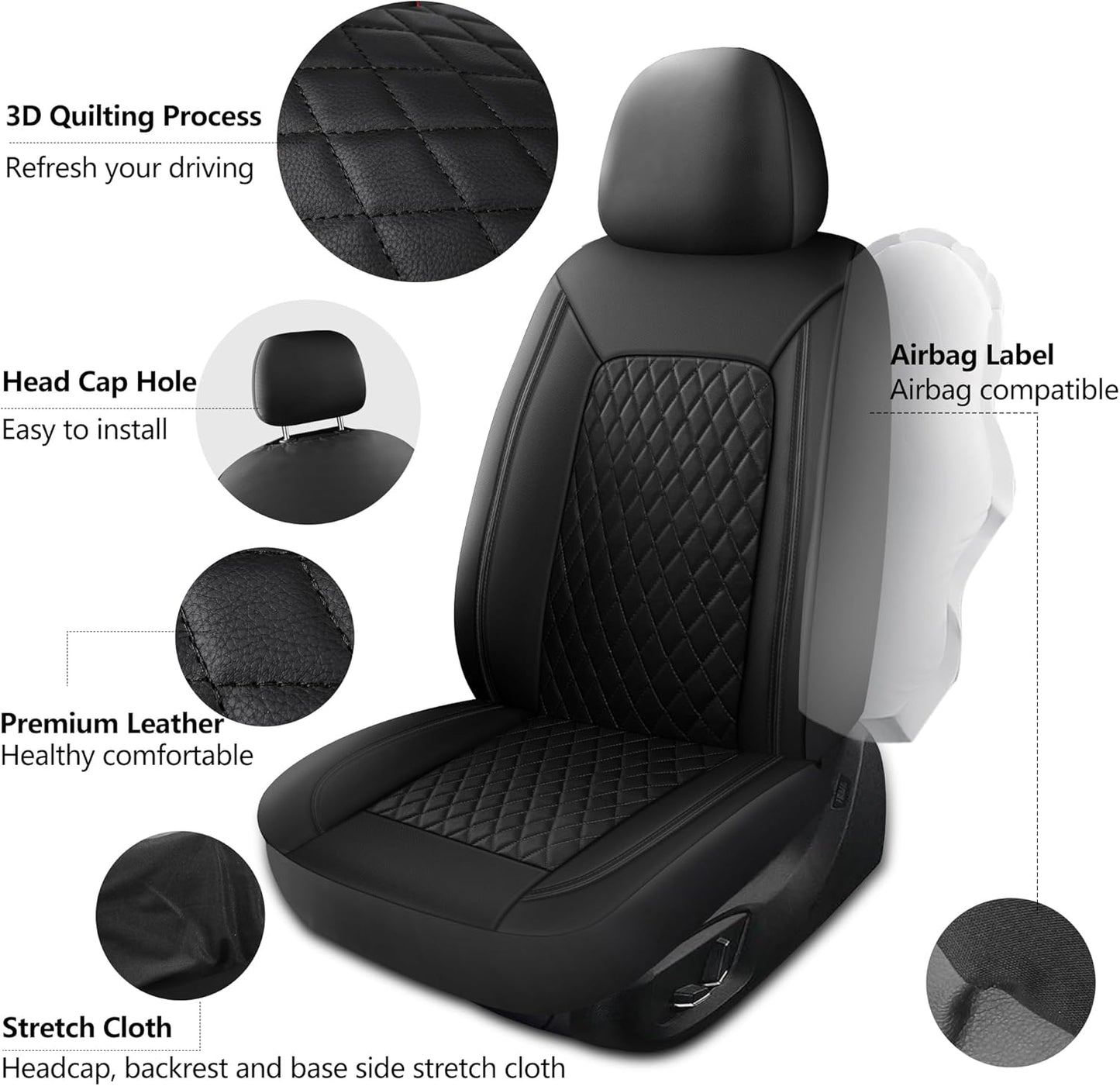 Car Seat Cover,Breathable and Waterproof Leather Seat Covers,Luxury PU Universal Fit Automotive Airbag Compatible for Cars Sedans SUV and Trucks(2 Pieces,Front Seat,Black,N1)