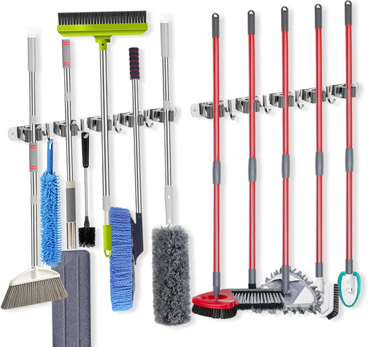 voze [2 Pack] 5 Racks and 4 Hooks Mop and Broom Holder Wall Mount, Self Adhesive Heavy Duty Broom Organizer Storage Tool Racks for Kitchen Garden Laundry Garage, Silver