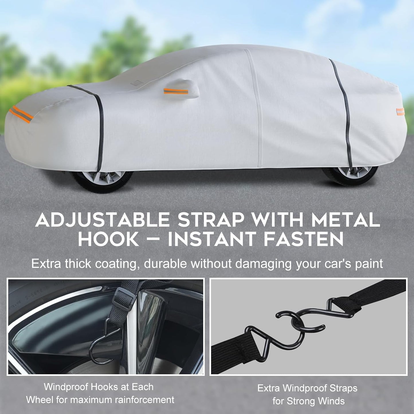 Waterproof Hatchback Car Cover: 6-Layer Protection from Rain, Snow, UV & Dust - Universal Fit up to 177 inches with Zipper Door & Windproof Straps for Outdoor, Garage, Travel Use,Silver