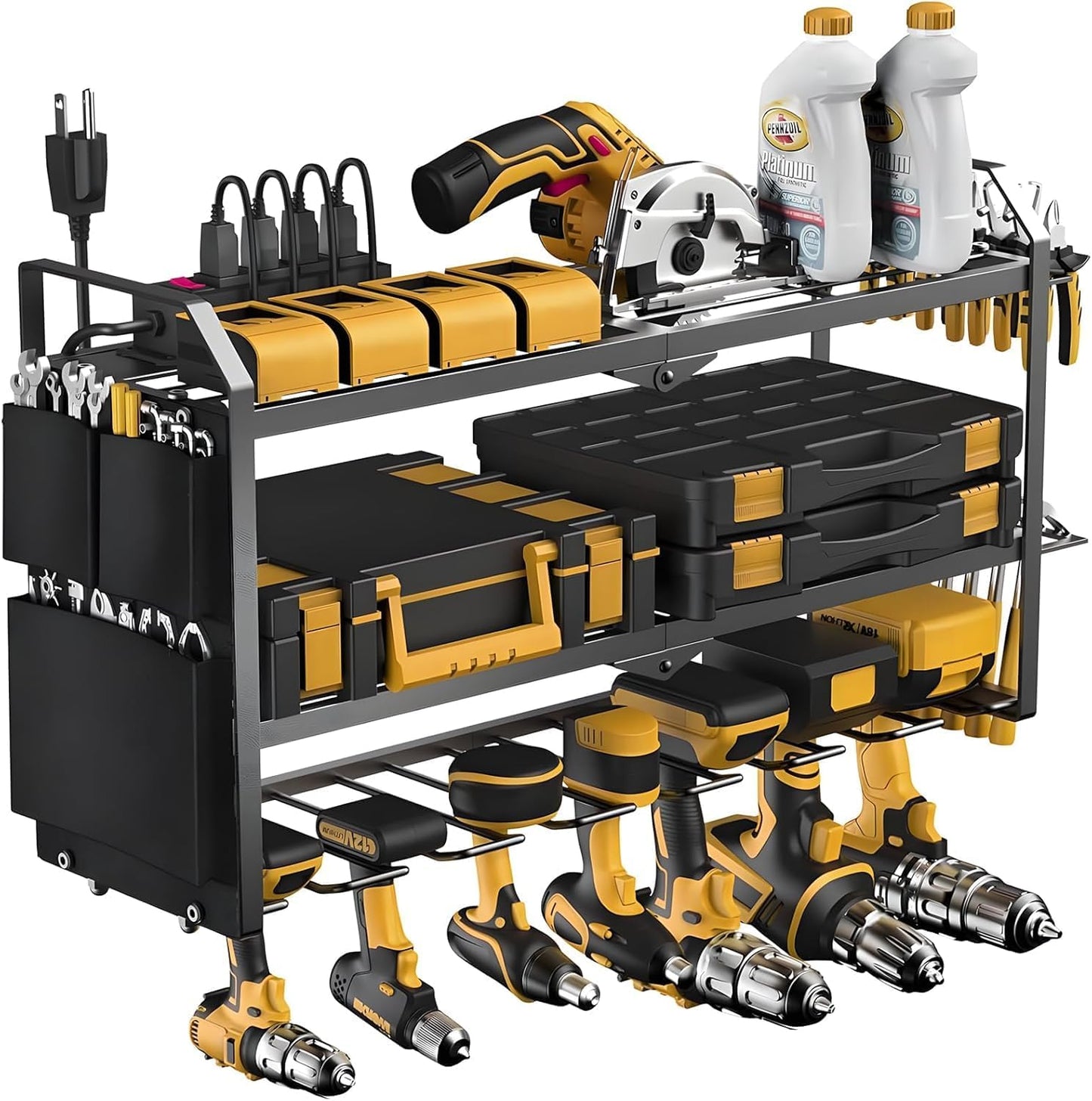 Power Tool Organizer with Charging Station: 7 Cordless Drills Holder Wall Mount Power Tool Shelf Storage Systems with 4 Outlet Power Strip, Electric Tool Storage Rack for Garage Organization/Workshop