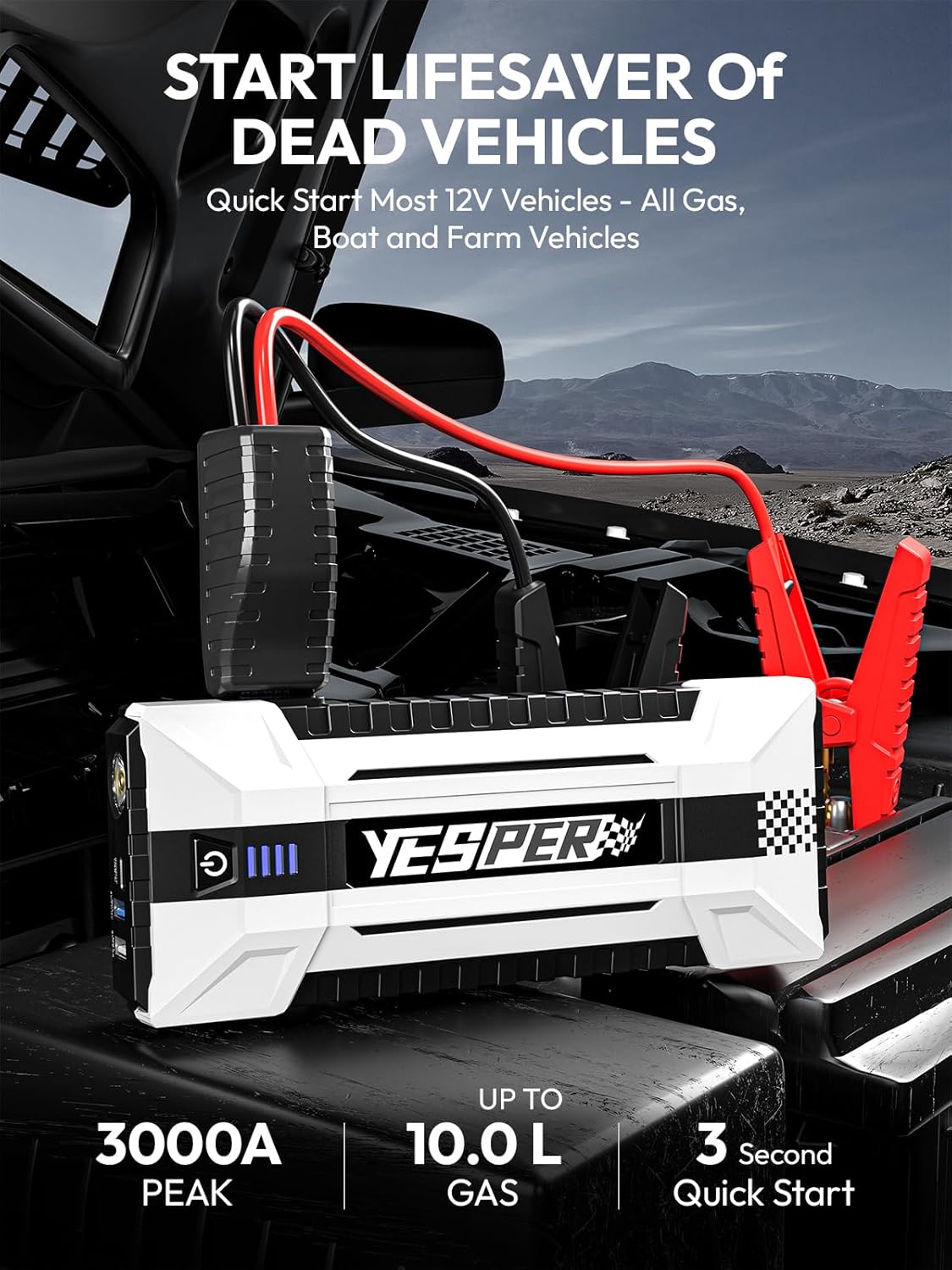 YESPER Battery Jump Starter Portable, 3000A Booster Pack Jump Box for 12V Car (Up to 10L Gas/8L Diesel Engine), Jumper Cables with DSLI Safe Tech, PD 15W Fast Charge & DC 15V Port