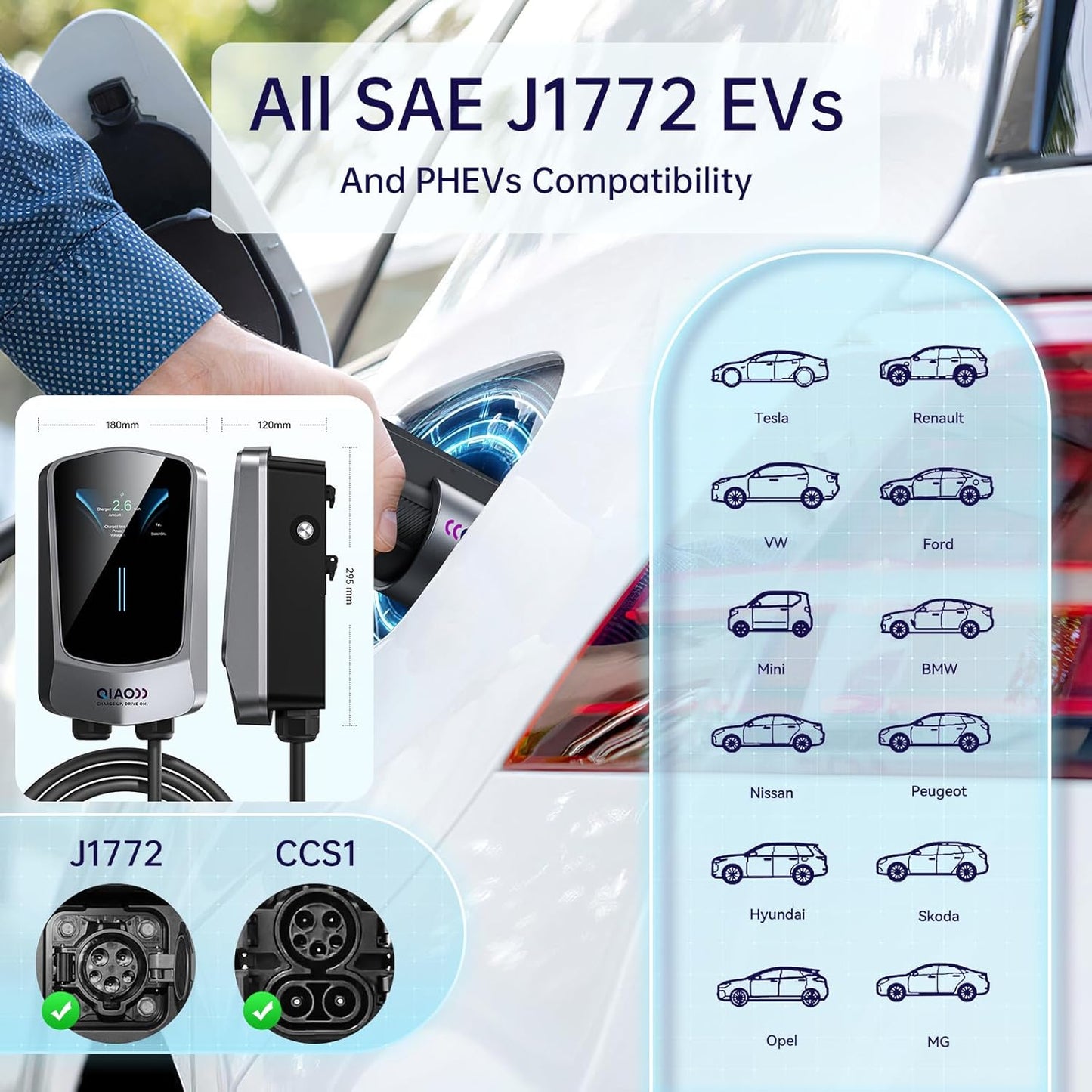 QIAO Level 2 EV Charger, Up to 40A Electric Car Charger, Wi-Fi Bluetooth APP Enabled EVSE, 4.3in Display, 25ft Cable, NEMA 6-50 Plug Charge Station Compatible with All SAE J1772 EV Models Black