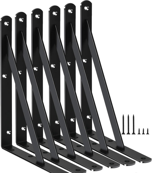 6 Pack L8 x H 6" Black Heavy Duty Shelf Brackets with Screws Metal Shelf Brackets Shelf Support Angle Brackets for Shelves L Brackets Heavy Duty Floating Shelf