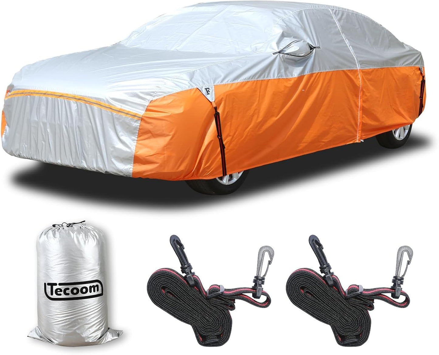 Tecoom Car Cover Waterproof All Weather, Windproof Storm Full Exterior Covers for Automobiles, UV Sun Protection Snowproof Car Tarp w/ 3 Gust Straps Mirrior Door Zipper, Universal Fit 170"-190" Sedan