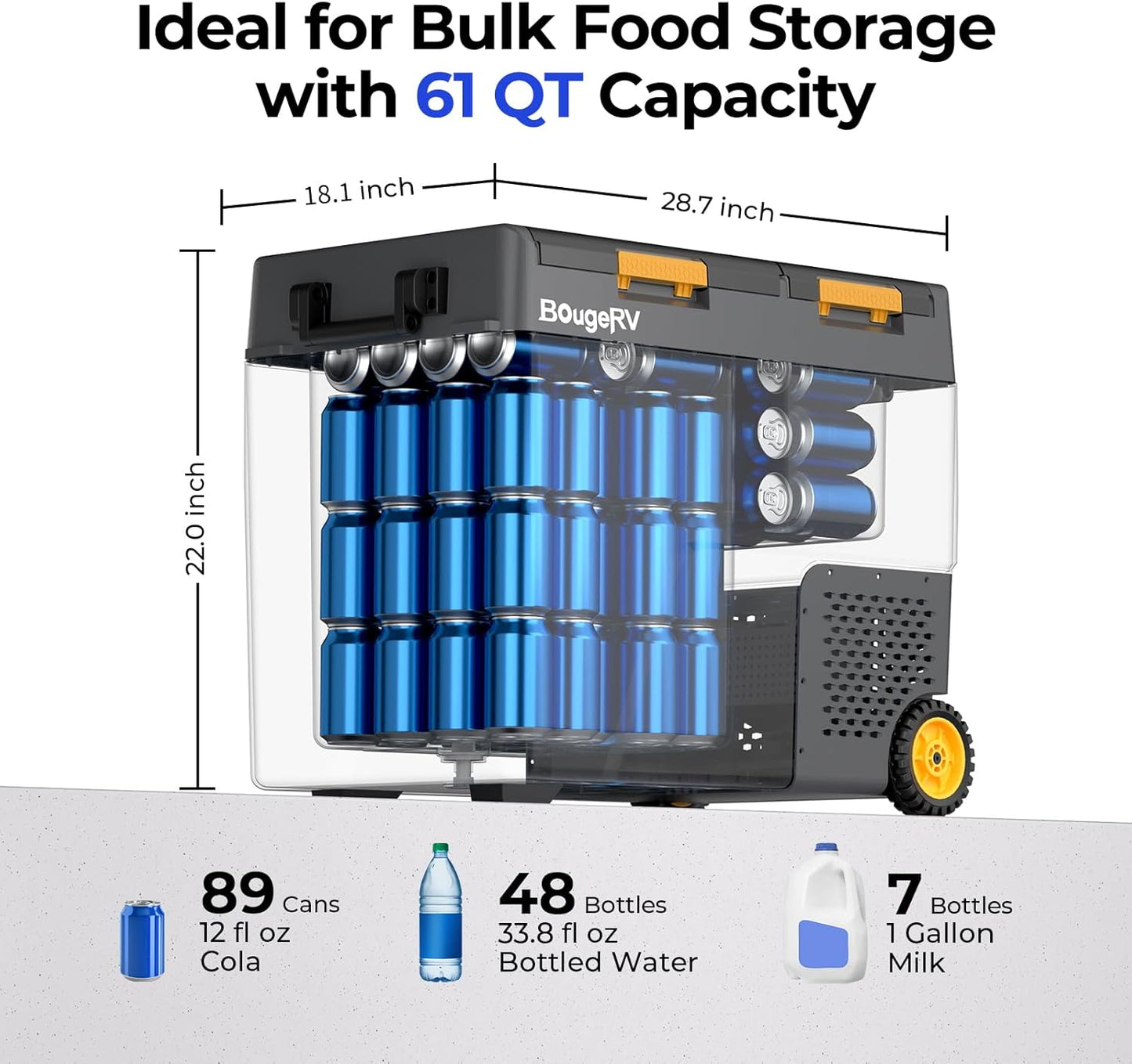 BougeRV 12 Volt Car Refrigerator, CRD2 61 Quart Portable Fridge Freezer with APP Control, -4℉ to 68℉ Dual Zone Compressor Electric Cooler 12/24V DC, 110~240V AC for Overlanding, Camping, RV, Truck