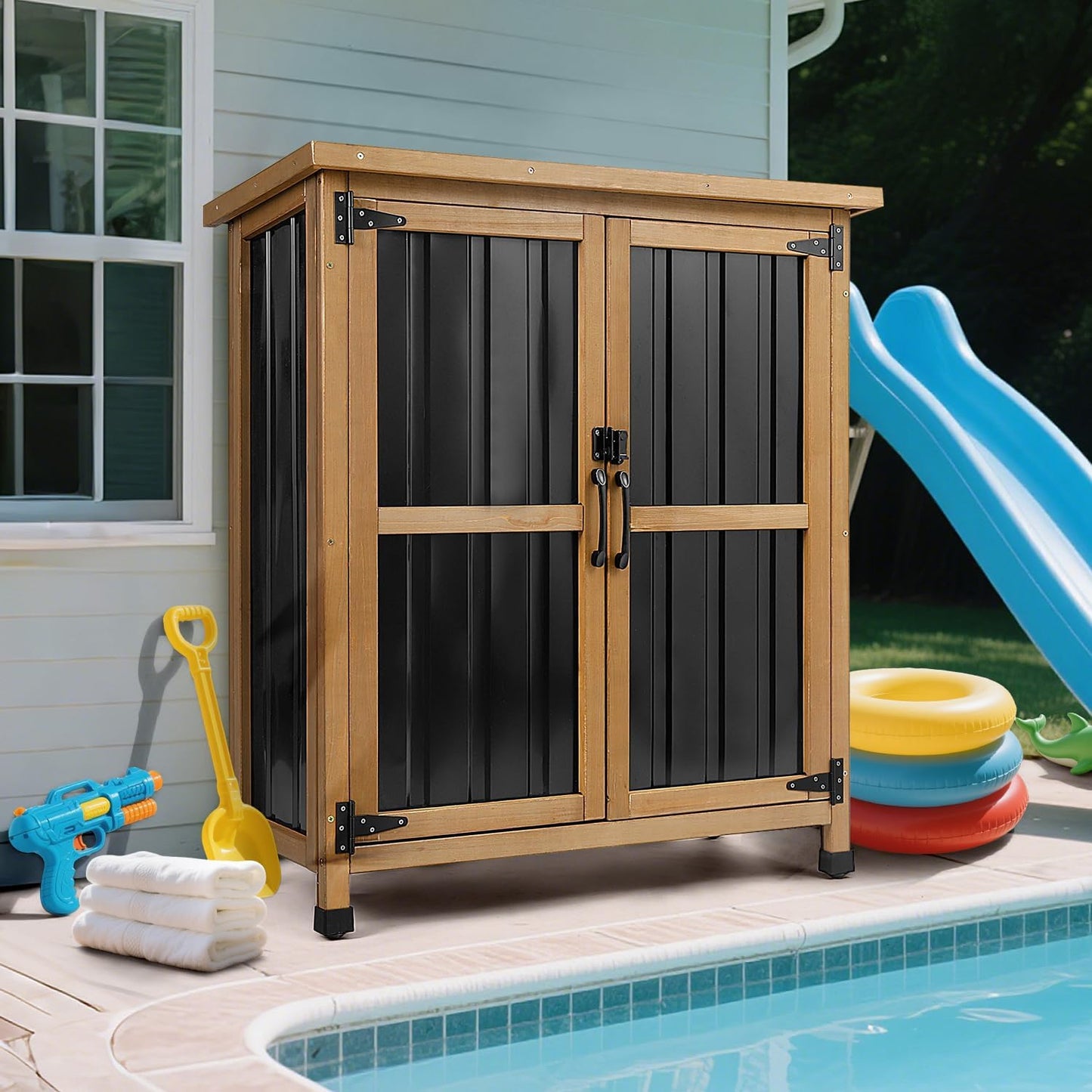 Weatherproof Outdoor Storage Cabinet with Lockable Doors, Wood & Metal Garden Storage Shed Patio Storage Box for Tools & Lawn Equipment, Pool Accessories