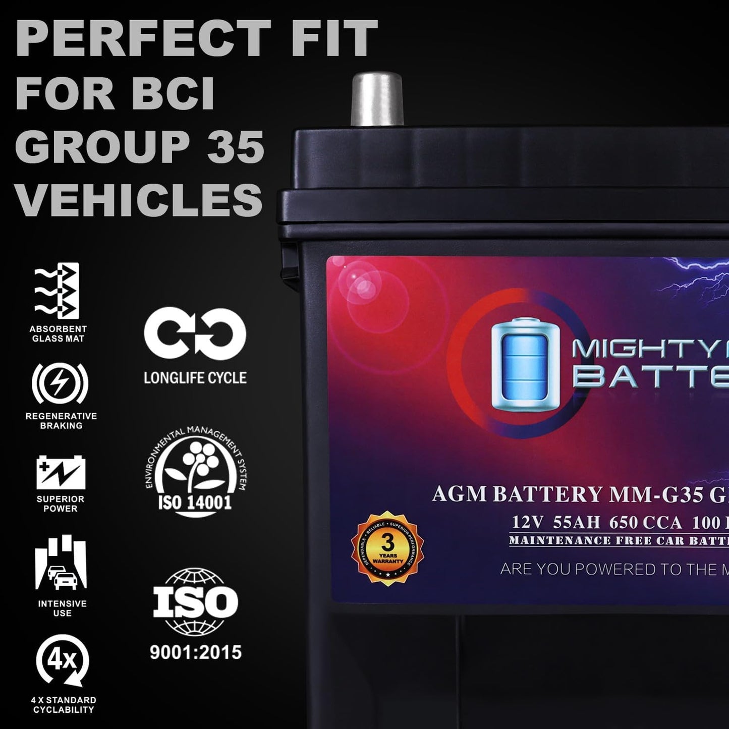 Mighty Max Battery MM-G35 Start and Stop Car BCI Group Size 35 12V 55Ah, 100RC, 650 CCA Rechargeable AGM Car Battery