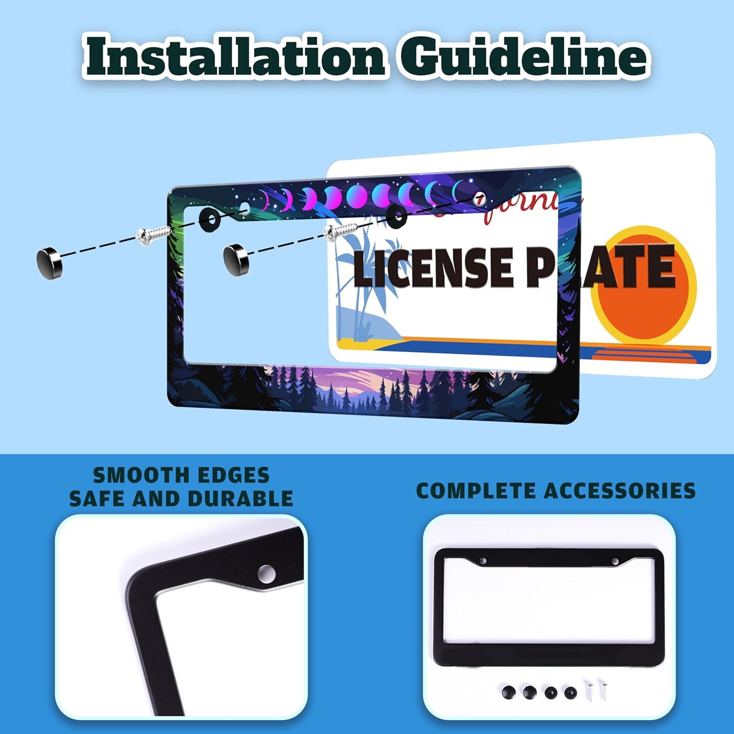 Moon Phases Aurora Forest License Plate Frame Night Sky Stainless Steel License Plate Holder for Front or Rear Car Tags Funny for Car Decoration Accessories with Screws 6.3 X 12.2 in for Women Men