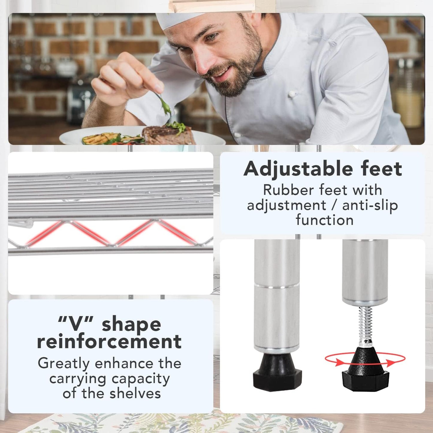 BestOffice 23Lx13.2Wx30.2H Adjustable Metal Storage Shelves 3-Tier Wire Shelving Unit Organizer Wire Rack 450Lbs Capacity for Small Places Kitchen Garage,Chrome