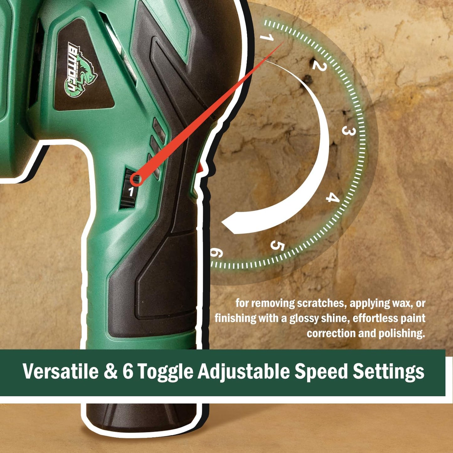 BATOCA - Cordless Car Buffer Polisher - 2pcs 2.0Ah 12V Lithium-ion Rechargeable Battery Powered Brushless Polisher with 6 Variable Speed, DA Orbital Buffer for Car Detailing, Polishing, Waxing