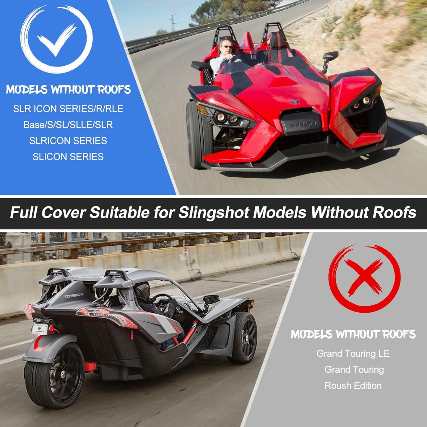 Polaris Slingshot Cover, Waterproof Windproof Sunproof Outdoor Protection Compatible with Slingshot/S/SL/SLR/SLR LE, with Reflective Strips, Black&Grey