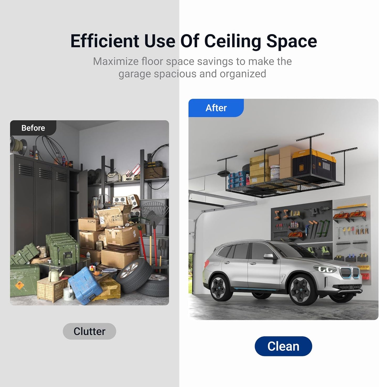 FLEXIMOUNTS 4x8 Overhead Garage Storage Rack, Adjustable Garage Storage Organization Systerm, Heavy Duty Metal Garage Ceiling Storage Racks, 600lbs Weight Capacity, Black
