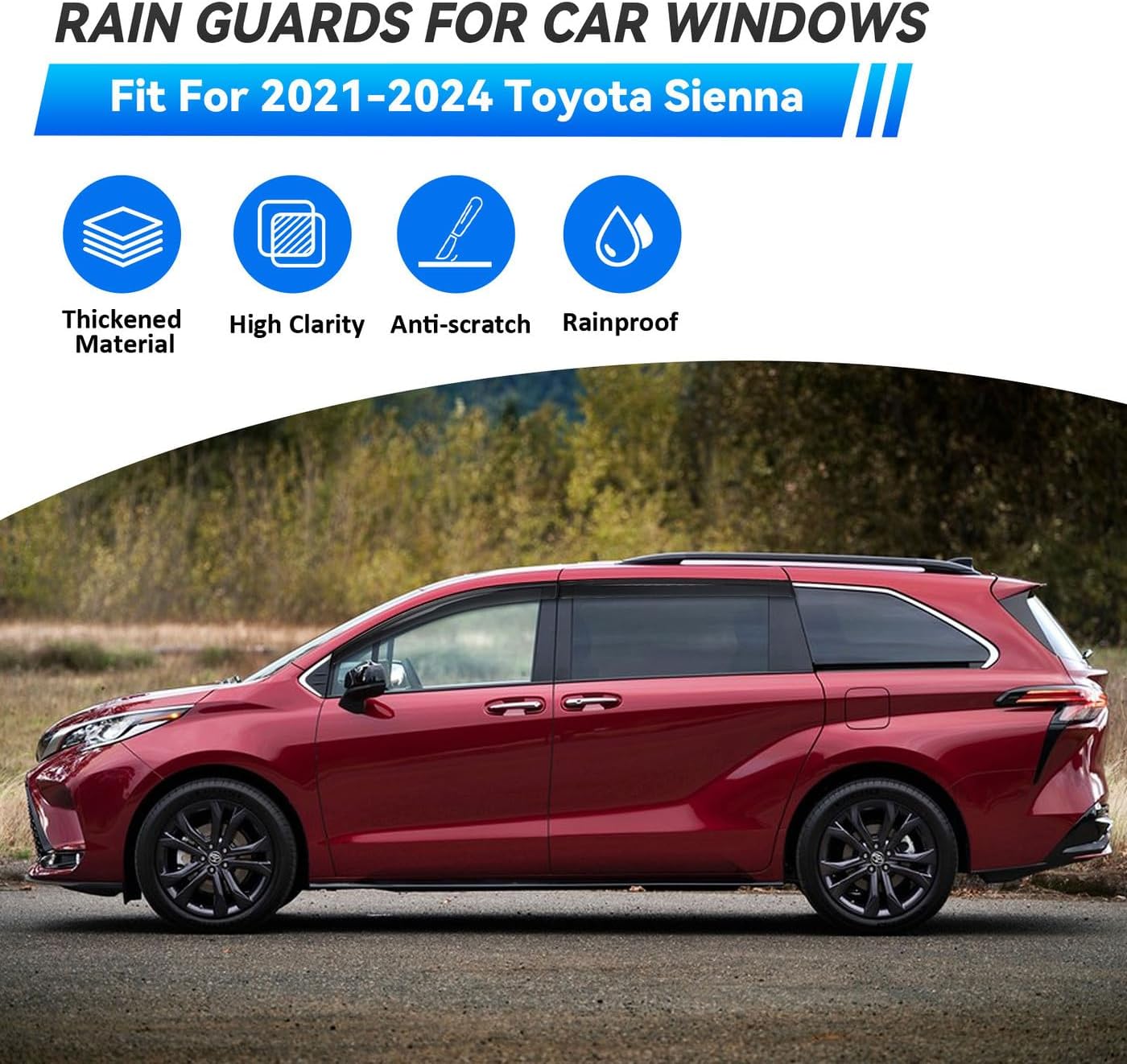 4pcs Front+Rear Smoke Tint Sun/Rain Guard Outside Mount Tape-On Vent Window Visors Compatible with 2021-2024 Toyota Sienna