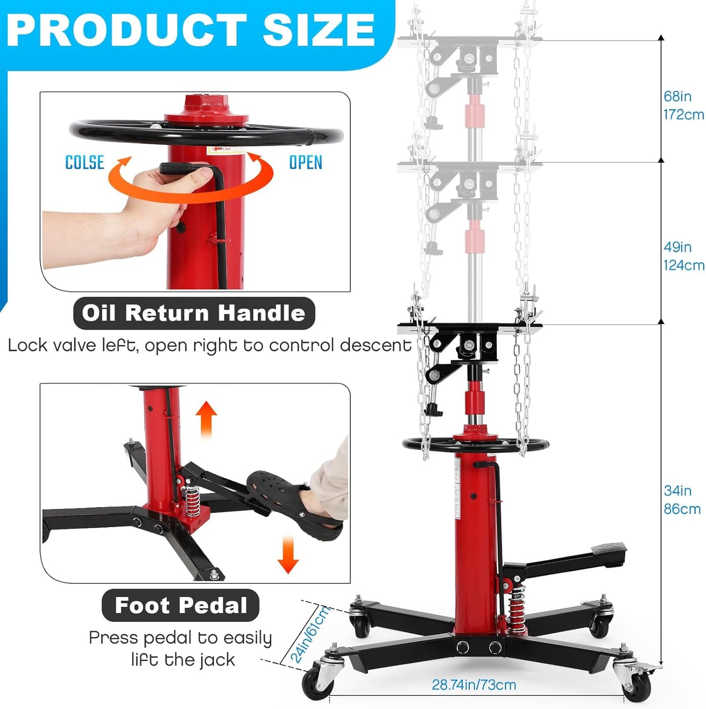 Transmission Jack, 1322lbs (3/5 Ton), 2-Stage Hydraulic Telescopic Jacks, Lifts 34"-68", with Foot Pedal & 360° Swivel Wheels, Ideal for Garage and Car Lifting, Heavy-Duty, Red