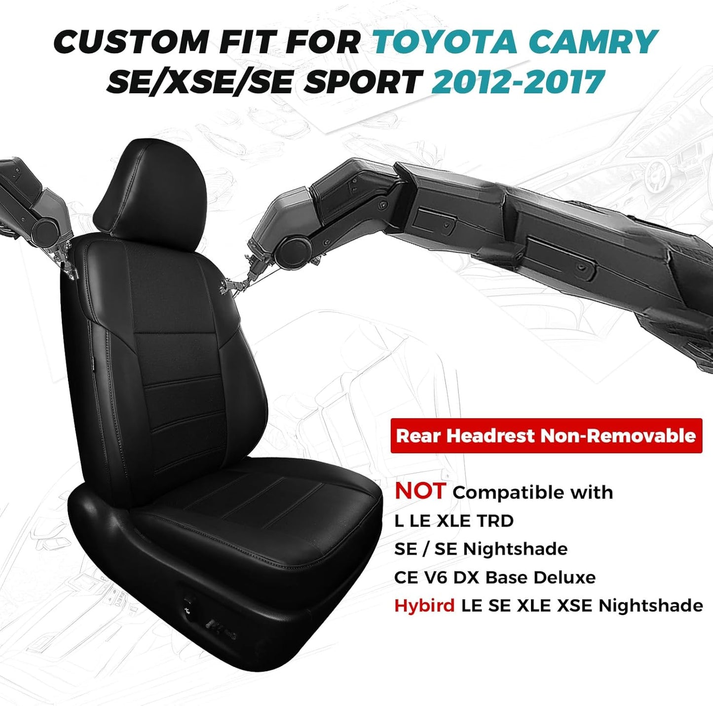 for Toyota Camry Seat Covers SE XSE SE Sport 2012 2013 2014 2015 2016 2017 - Custom Fit Car Seat Covers Full Set, Waterproof Breathable Leather Seat Covers for Cars, Black Not for Hybrid