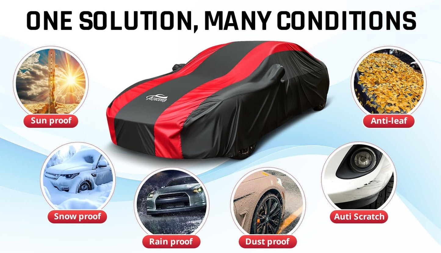 Sedan Car Cover Waterproof All Weather Protection with Red Stripe Design,Outdoor Car Cover Universal Fit Lincoln MKZ, Chrysler 300, Tesla Model S, Cadillac CTS CT5, Dodge Challenger Charger