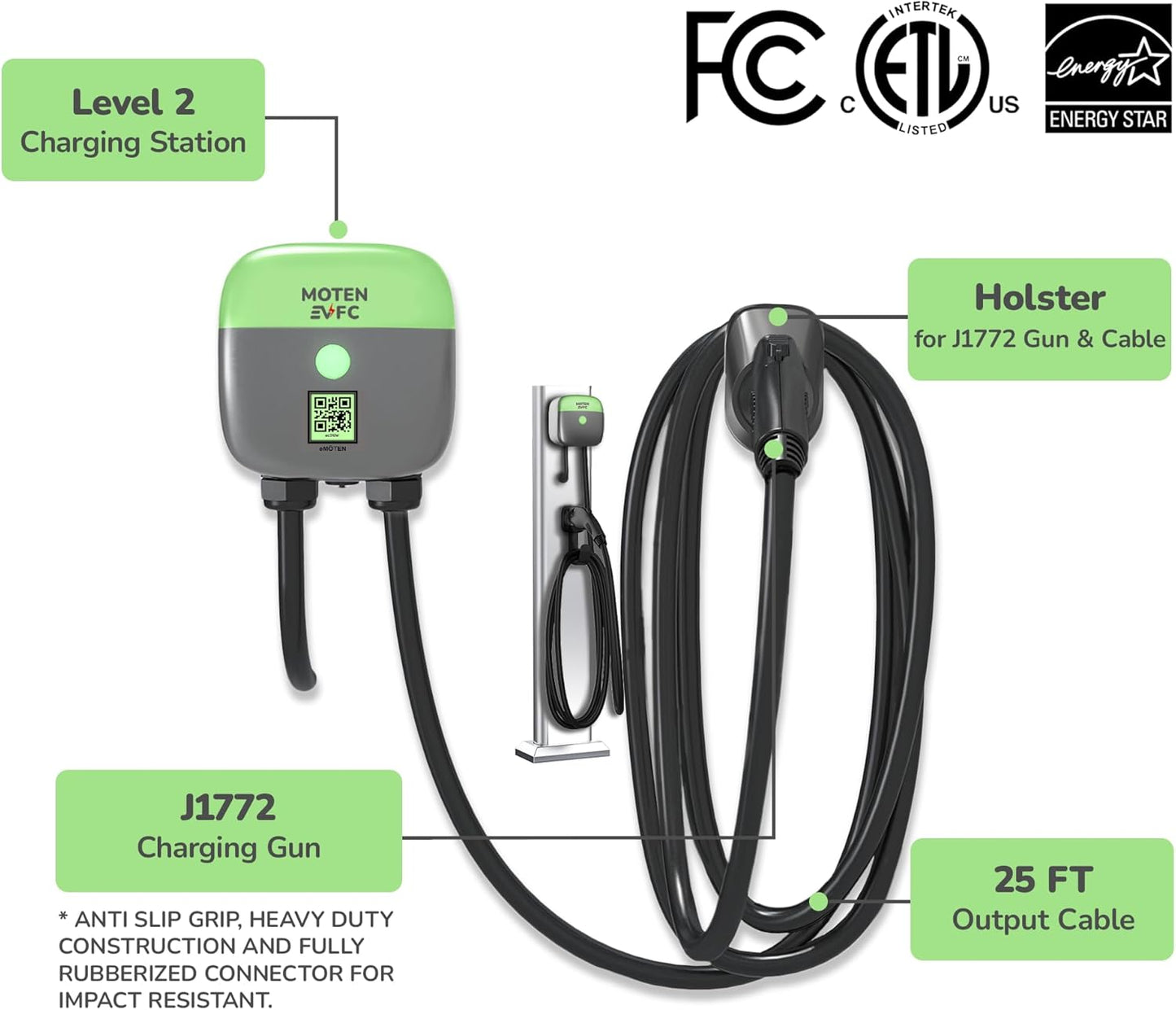 AQUILA-48S Level 2 EV Home Charger 48A, Ethernet, WiFi, RFID, 25 FT Cable, FCC, ETL, Energy Star, Docking Holster, eMOTEN Phone APP, Hardwired