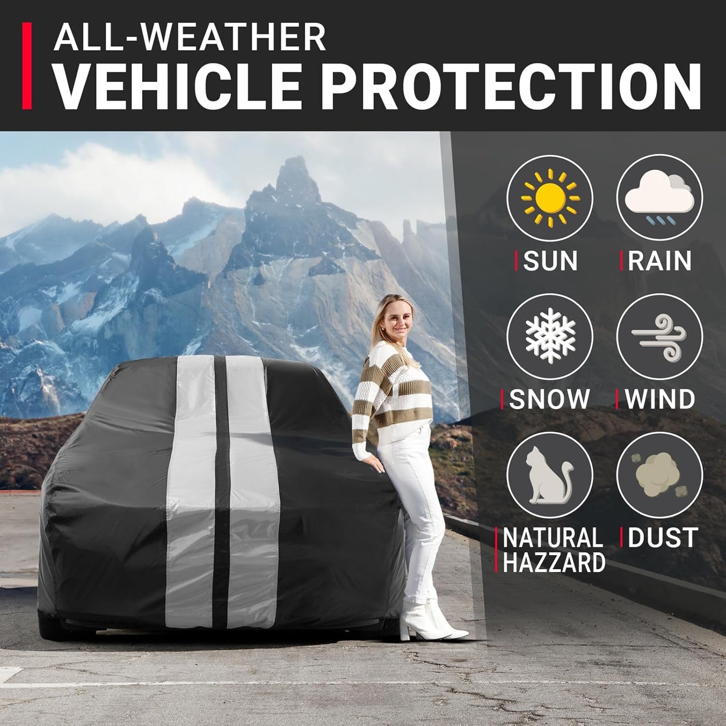 iCarCover Custom Car Cover for Chevy Malibu Wagon (1964-1972) Waterproof All Weather Rain Snow UV Sun Protector Full Exterior Indoor Outdoor Car Cover (Stripe - Black/Gray)