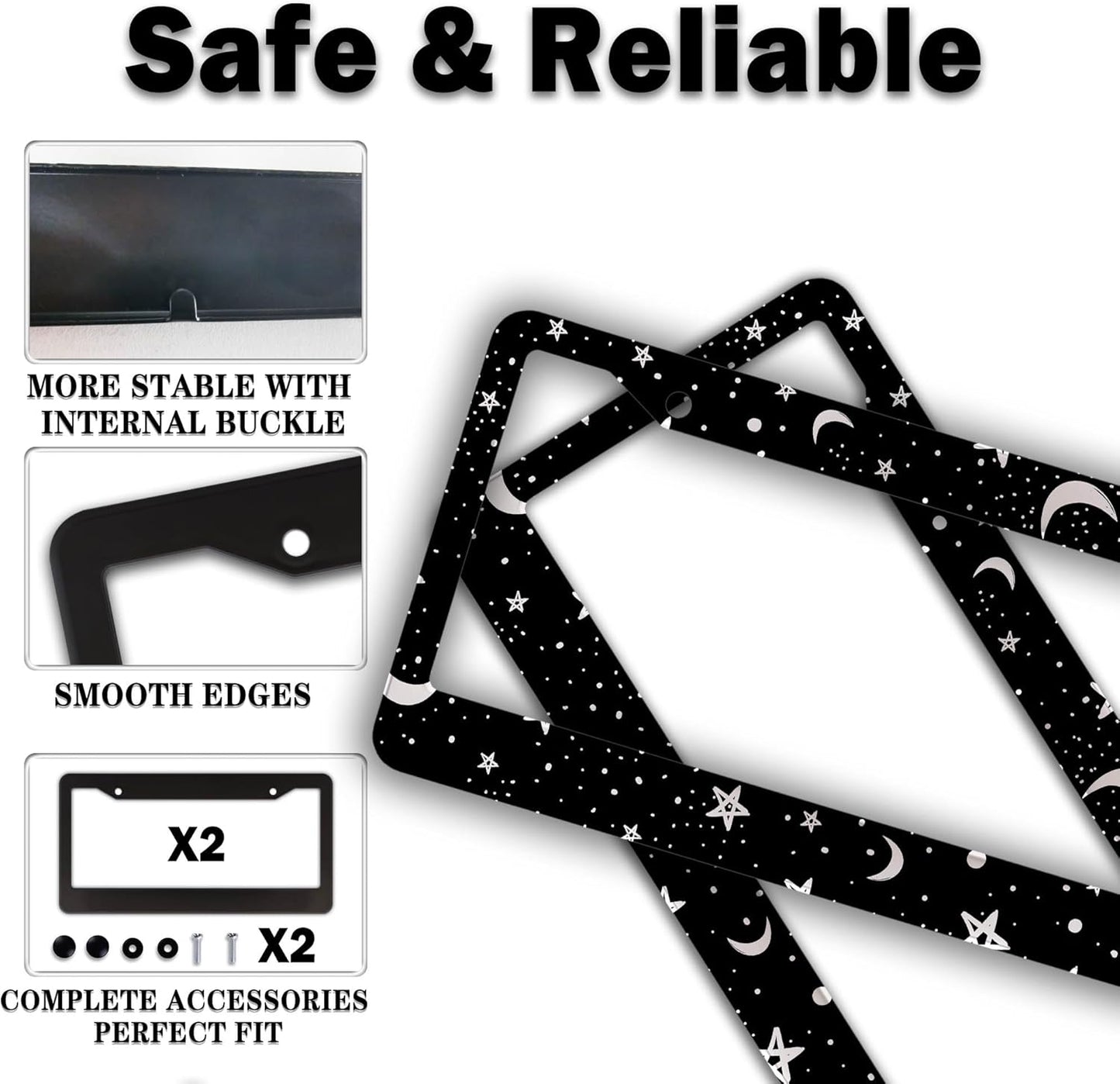 License Plate Frames Black and White License Plate Covers Night Moon Star Black Print Aluminum Metal Car Accessory 2 Pack with Screw Covers Set