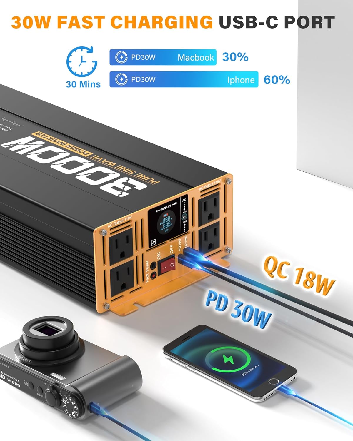 3000W Pure Sine Wave Inverter 24V DC to 110V 120V AC Converter for RV Truck Home Off-Grid Solar Power Inverter with Type-C PD30W/USB Port QC3.0 Quick Charging, 4 AC Outlets, Remote Control