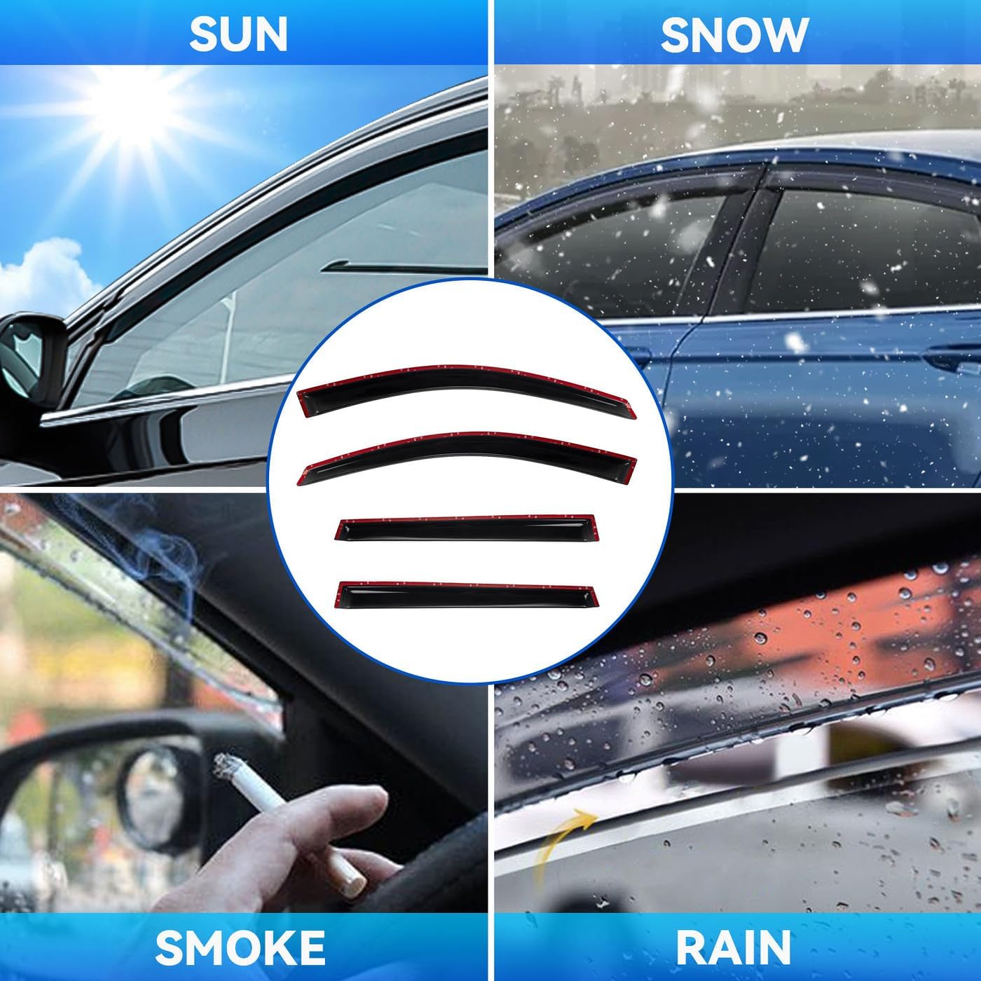 4pcs Front+Rear Smoke Tint Sun/Rain Guard Compatible with 2014-2024 Jeep Cherokee Outside Mount Tape-On Vent Window Visors