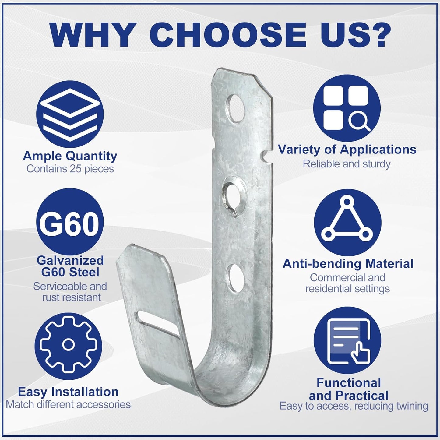 Gisafai 100 Pcs Cable Support J-Hook, 3/4 Inch Metal Garage Hooks for Hanging, Heavy Duty Network for Cable and Wire Management Wall Attaching J Utility, G60 Galvanized Steel, Silver