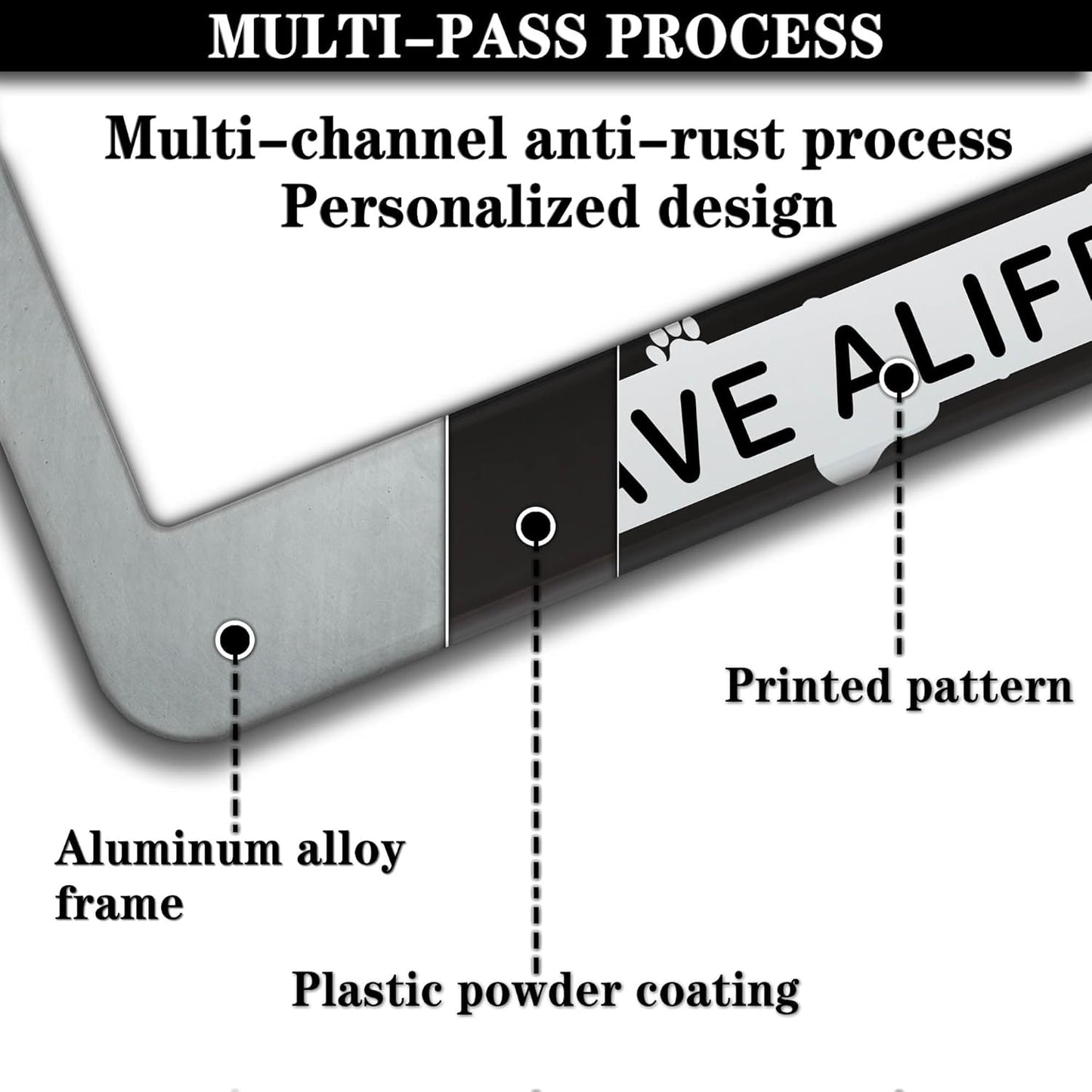 License Plate Holder Black and White License Plate Frames Save a Life Adopt Aluminum Metal Car Accessory 2 Pack with Screw Covers Set