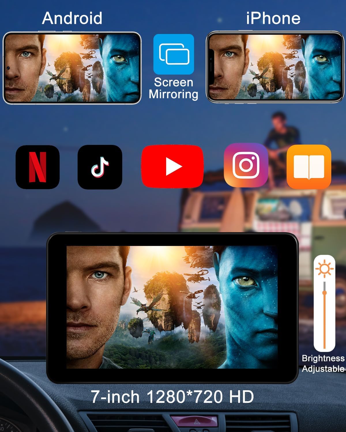 Compatible Wireless Apple CarPlay Android Auto Screen fo Car, 7" HD Backup Camera Portable Stereo Bluetooth Touch Screen, GPS Navigation, Mirror Link, Siri, AirPlay, FM, AUX