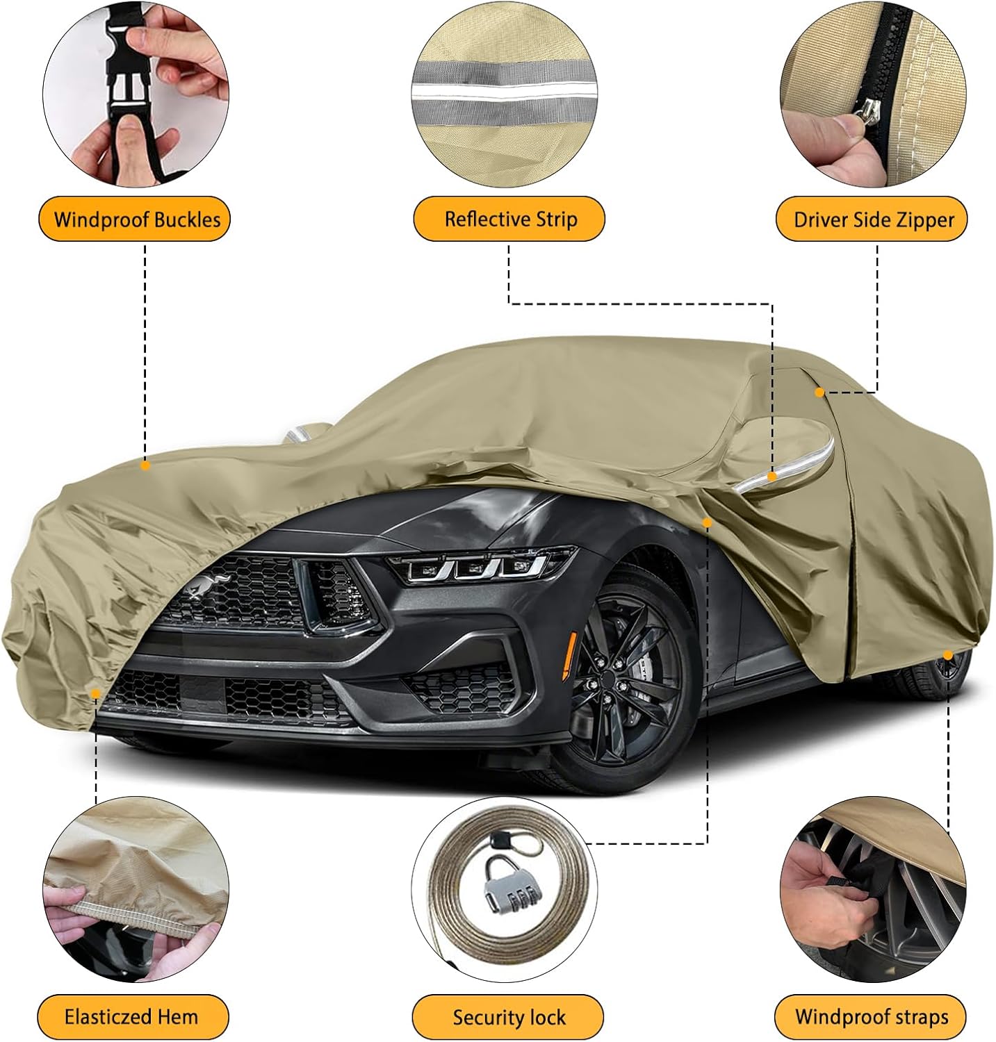 Waterproof Car Covers Replace for 1994-2025 Ford Mustang, Multilayer Heavy Duty with Cotton Liner All Weather Custom-fit Car Cover with Zipper Door, Windproof Bands for Snow Rain Dust Protection